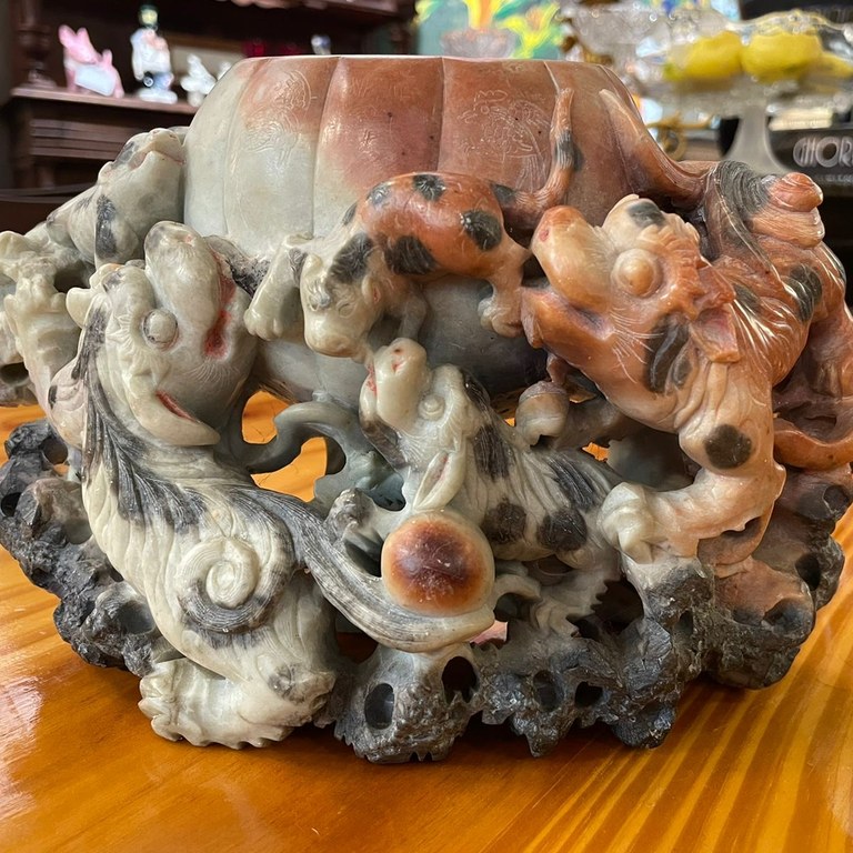 CHINESE STONE CARVED FOO DOG BOWL