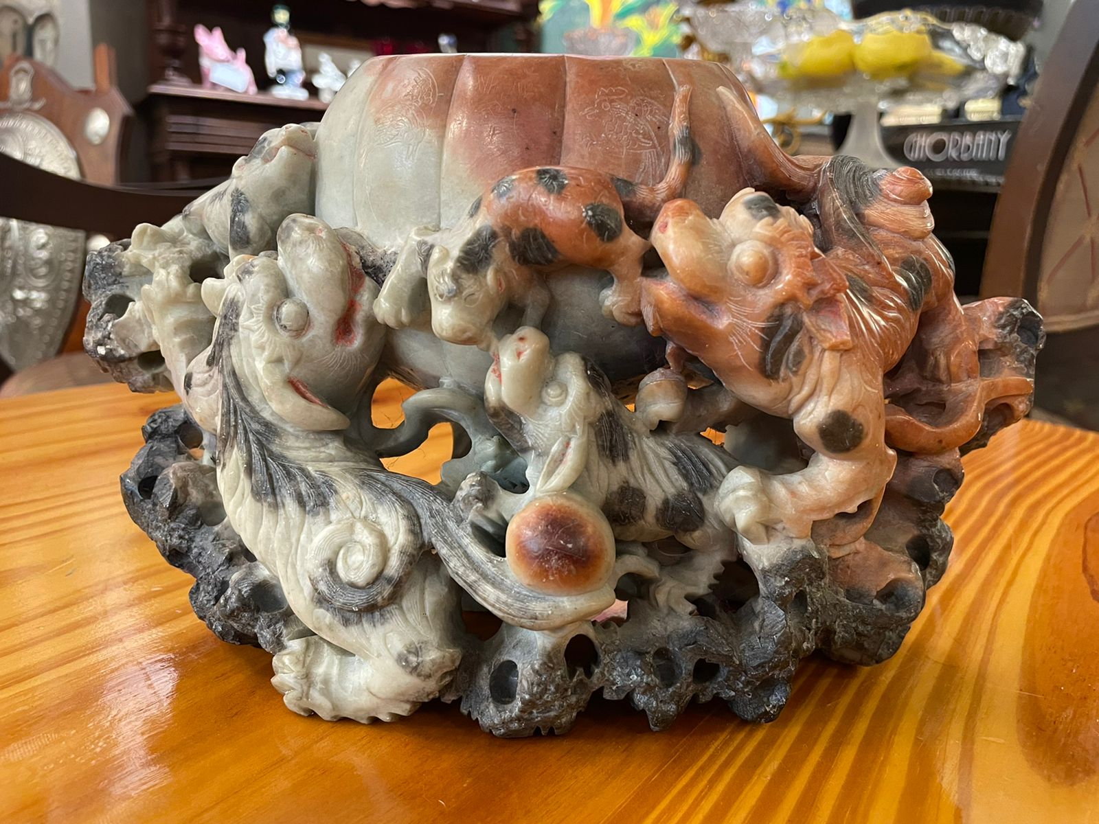 CHINESE STONE CARVED FOO DOG BOWL