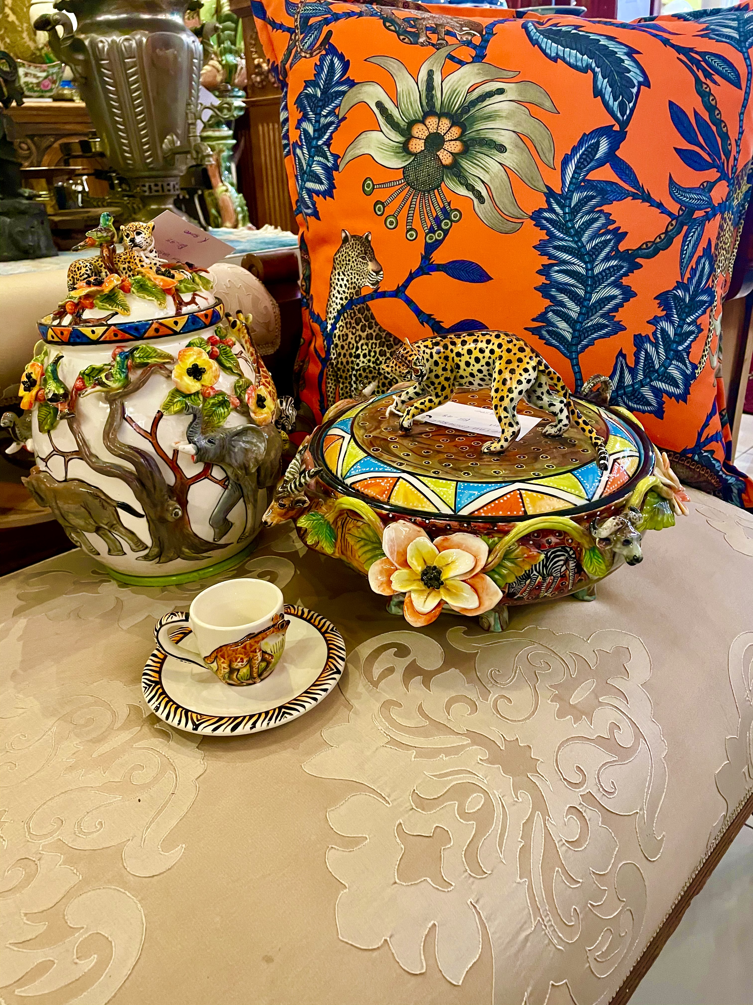 ARDMORE COLLECTION:  CUSHION (2 in stock): R2,500 each COOKIE JAR: R9,000 TUREEN: R9,500 ESPRESSO CUPS: R800 each