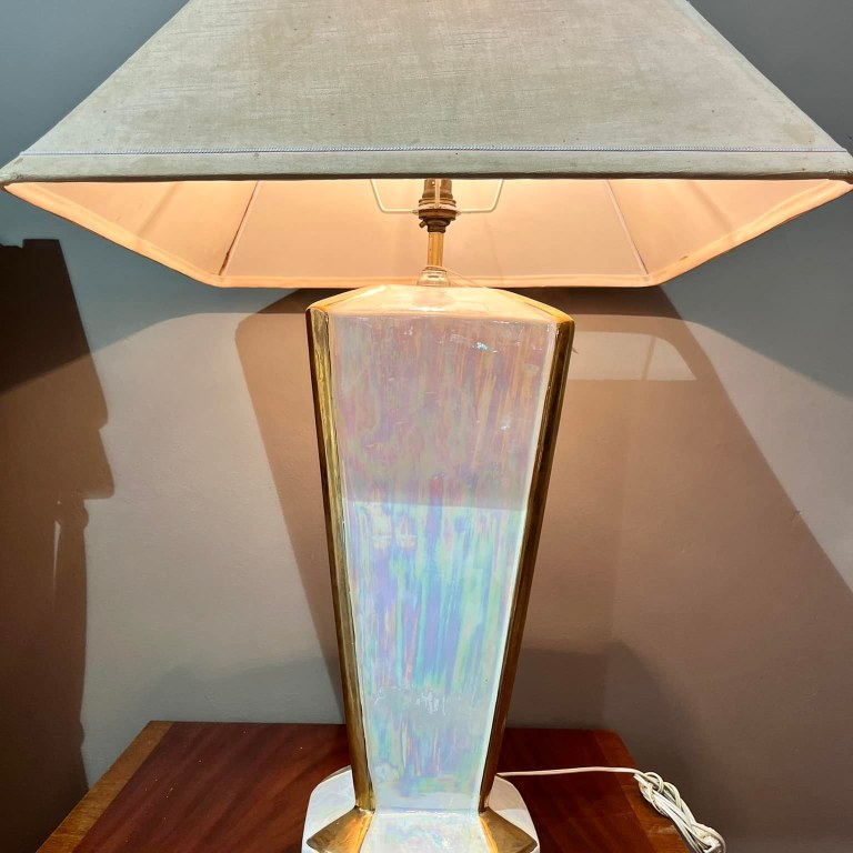 SOLD! Large lamp with Art Deco style mother-of-pearl and gilt ceramic pillar base and cream suede shade: R1,500