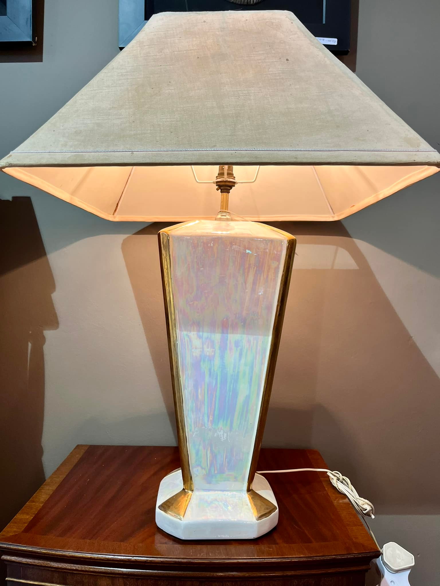 SOLD! Large lamp with Art Deco style mother-of-pearl and gilt ceramic pillar base and cream suede shade: R1,500