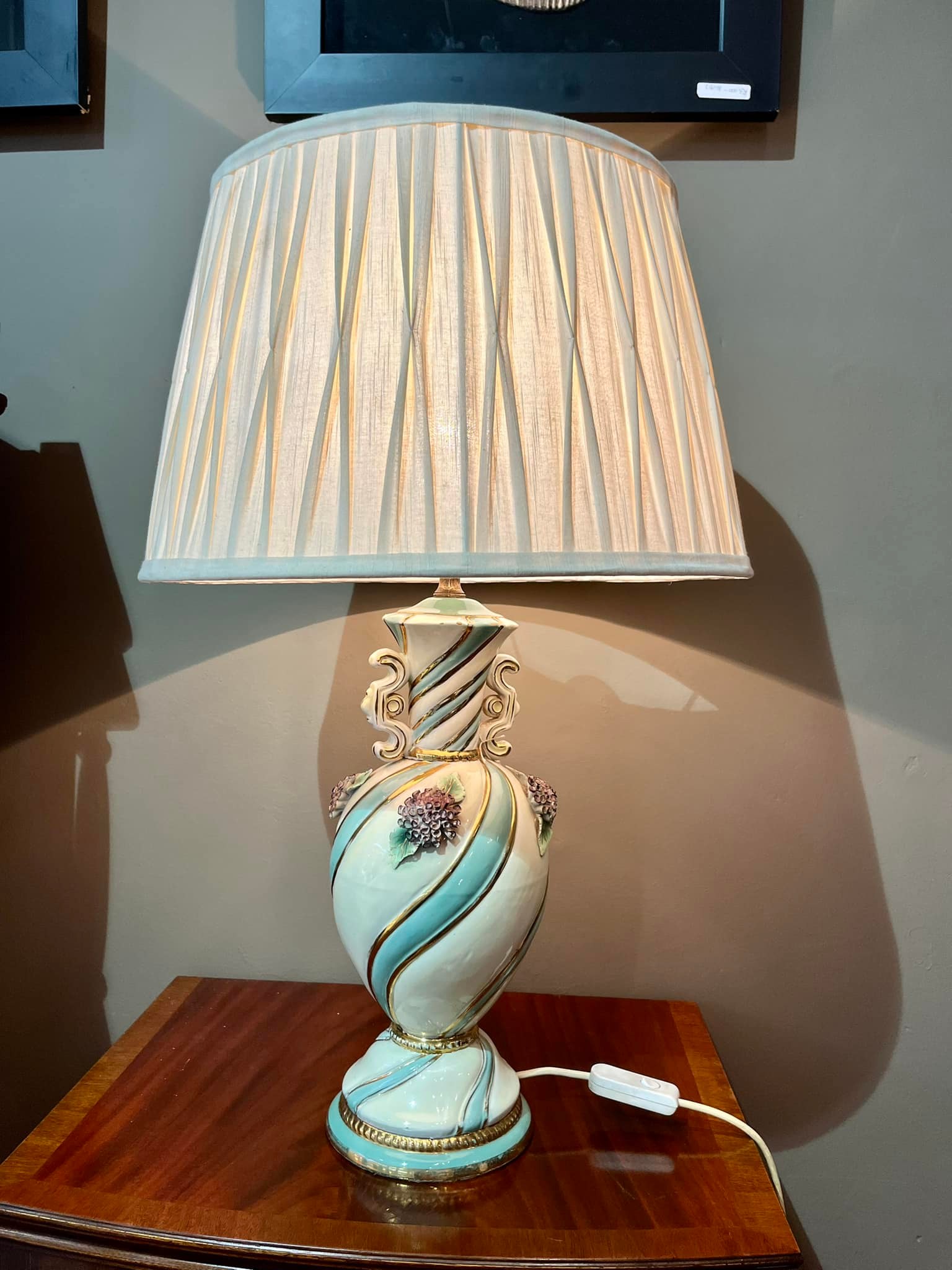 Large lamp with green urn vase porcelain base and cream shade: R3,000