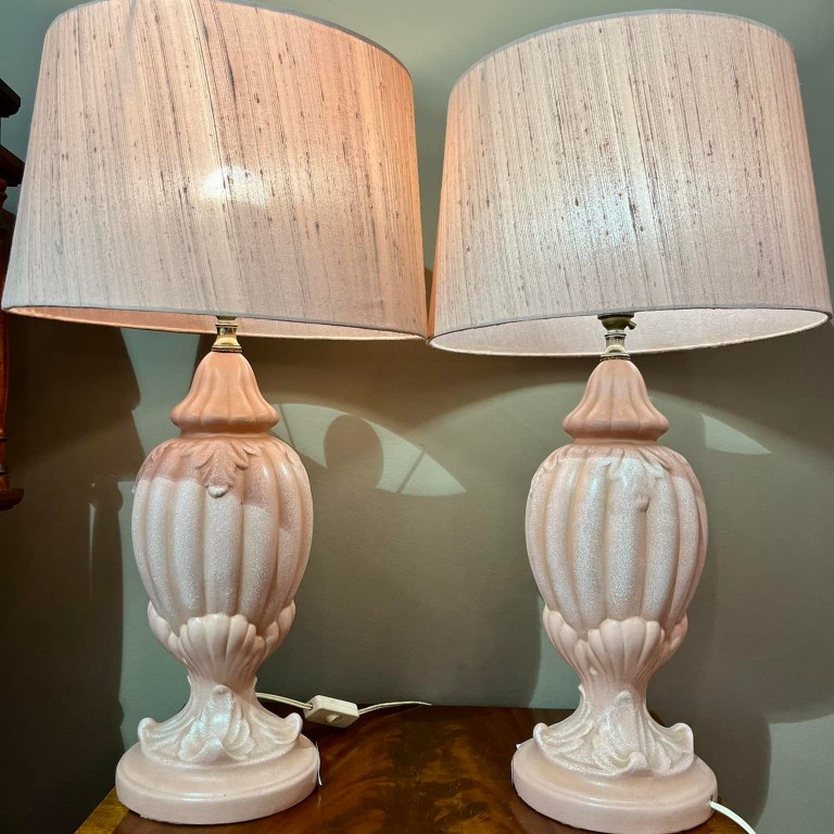 Pair of lamps with light pink shell shaped bases and light pink shades: R4,000