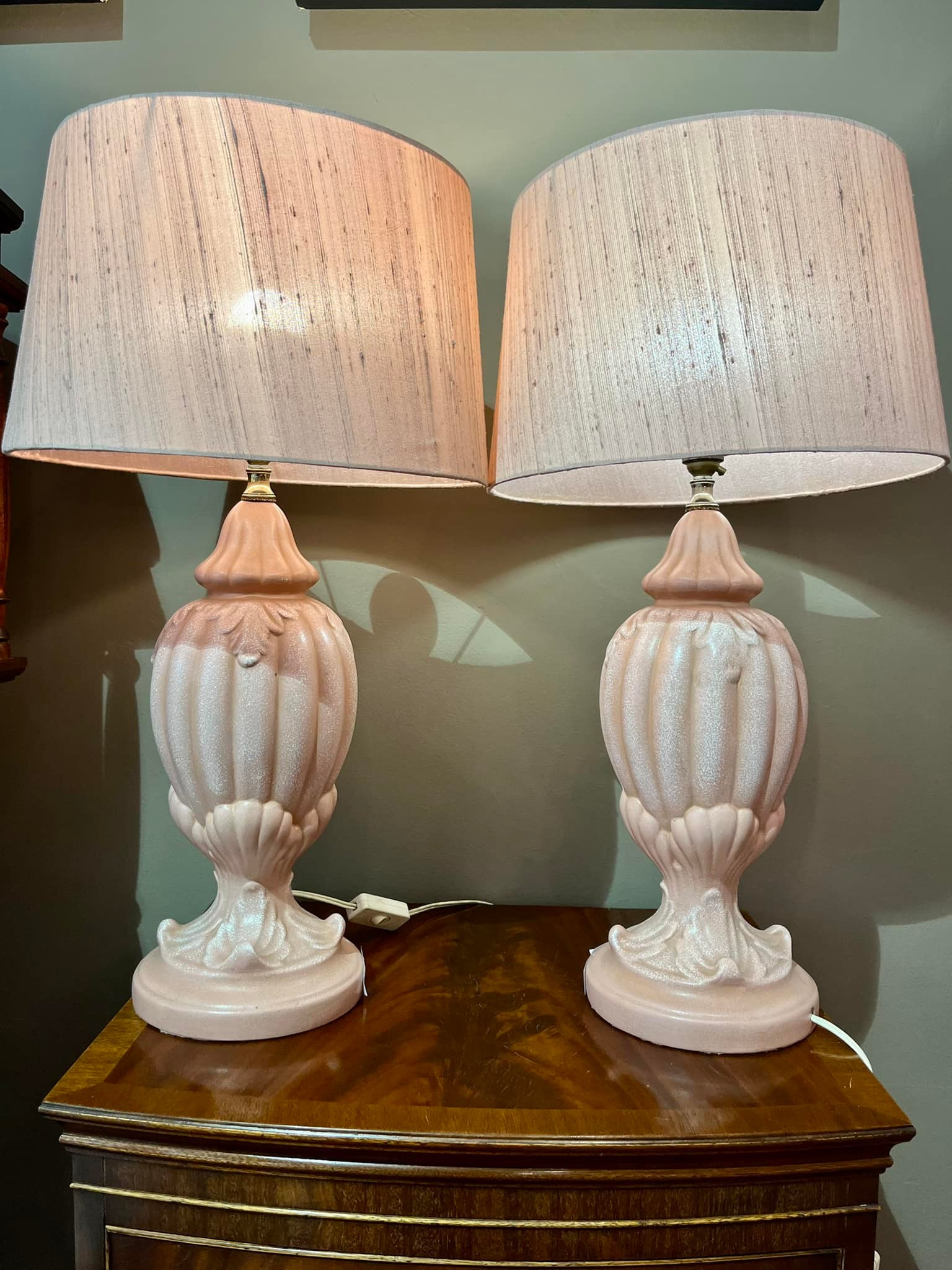 Pair of lamps with light pink shell shaped bases and light pink shades: R4,000