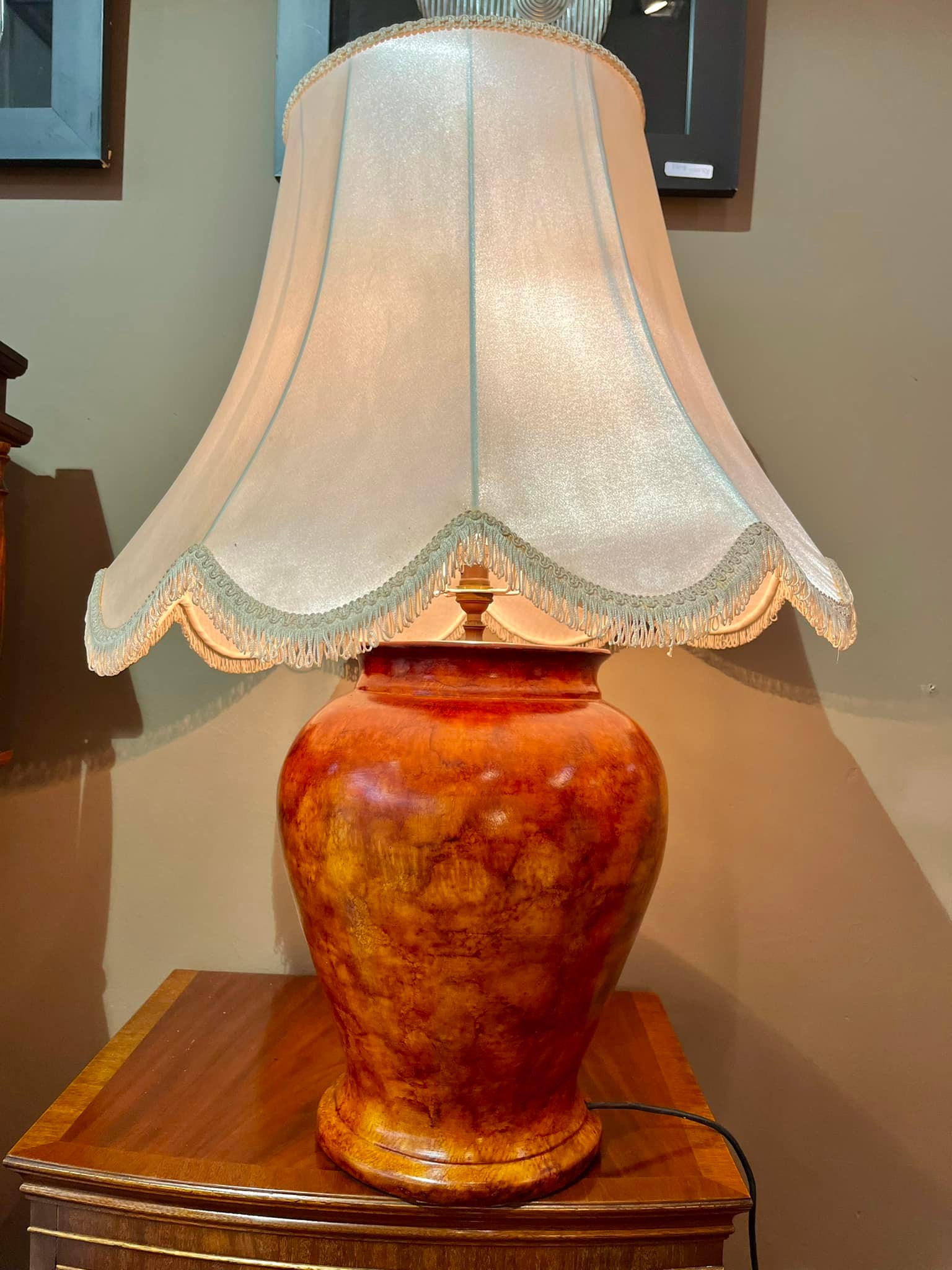 Large lamp with brown ceramic vase base and silk cream shade with fringed scalloped edging: R2,000