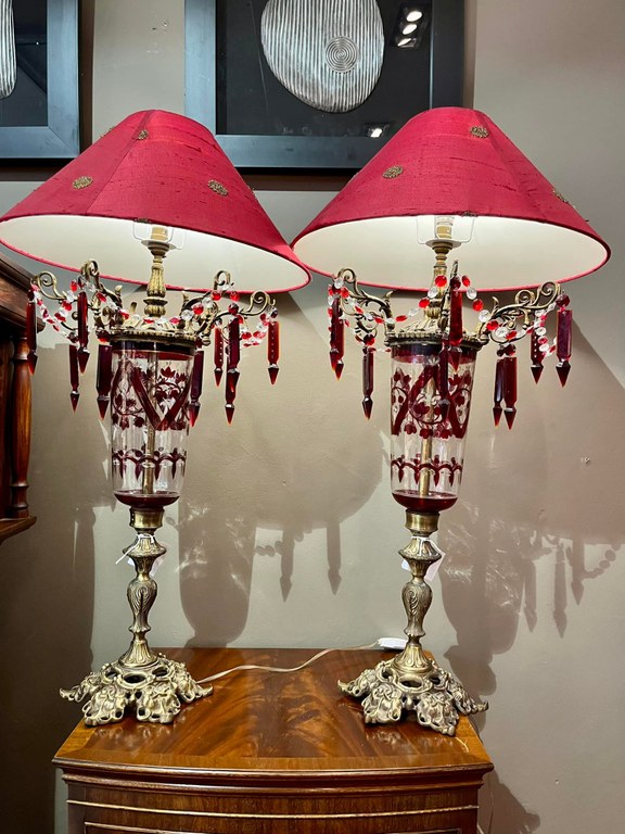 SOLD! Pair of large brass and hand painted Czech crystal bases, hand decorated deep red shades and ruby red and clear crystal fringing detail, circa 1900: R16,000