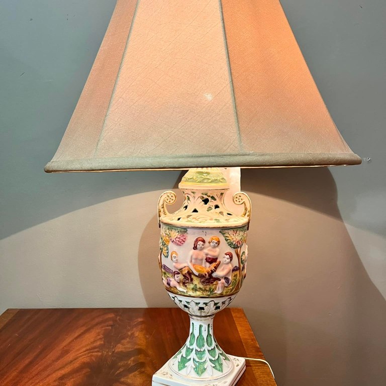Large lamp with hand painted porcelain urn vase base and cream shade: R3,500