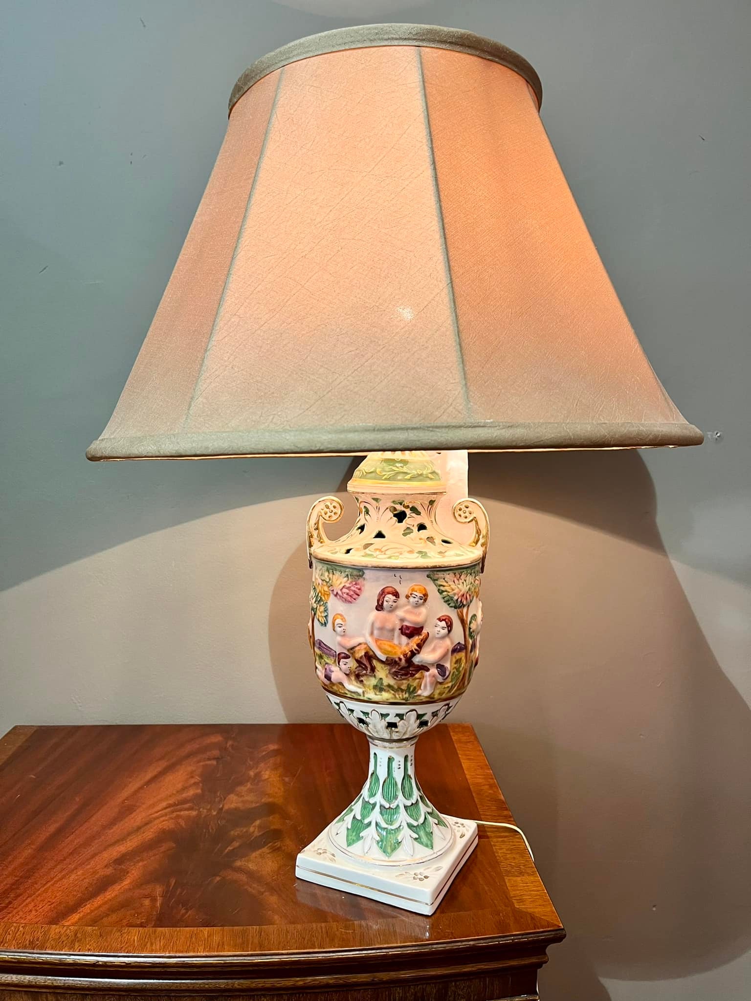 Large lamp with hand painted porcelain urn vase base and cream shade: R3,500