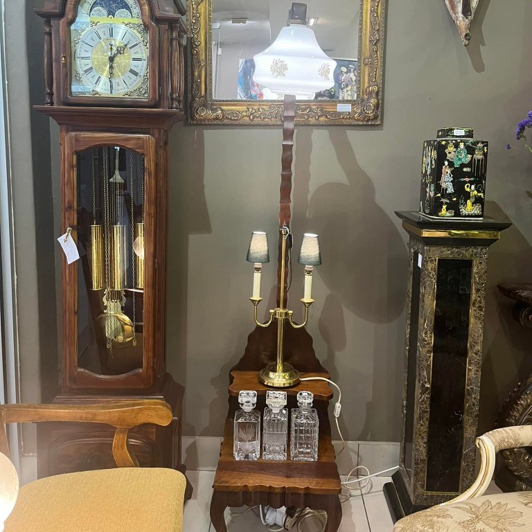 Vintage imbuia ball and claw telephone lamp and table: R5,000