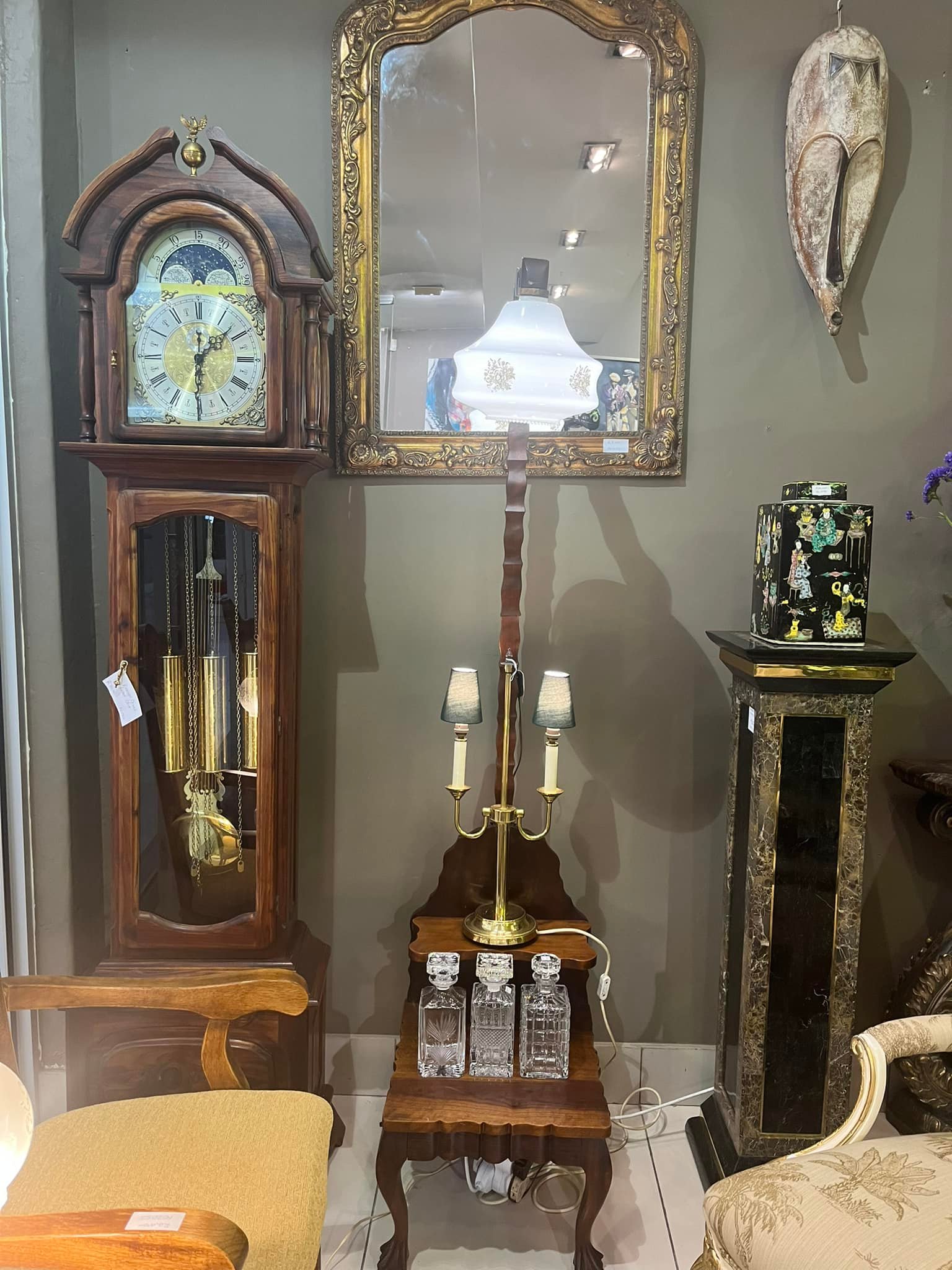 Vintage imbuia ball and claw telephone lamp and table: R5,000