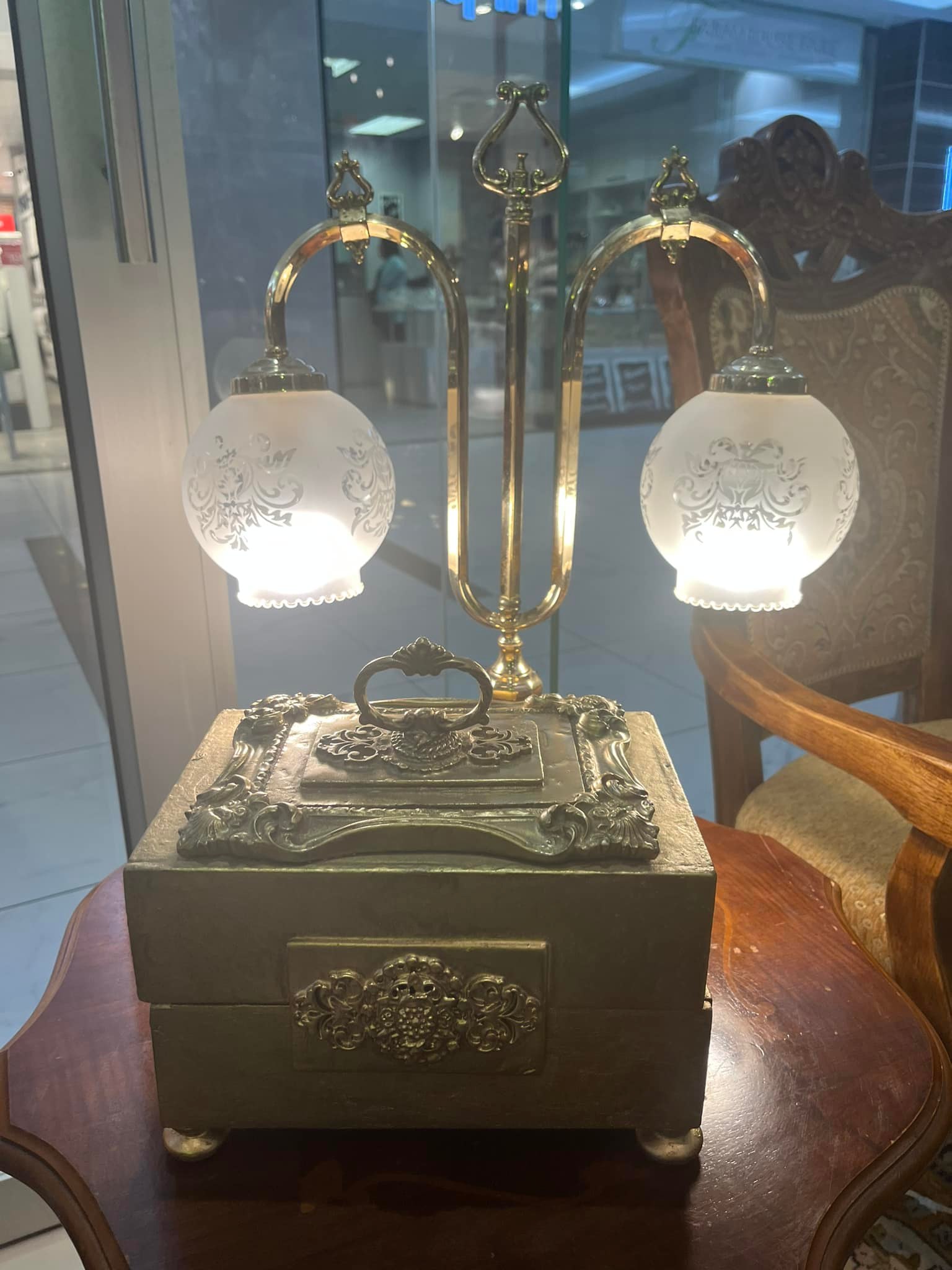 Vintage brass and glass 2-arm library lamp: R3,500; Gilded wooden box with purple velvet inlay: R1,000