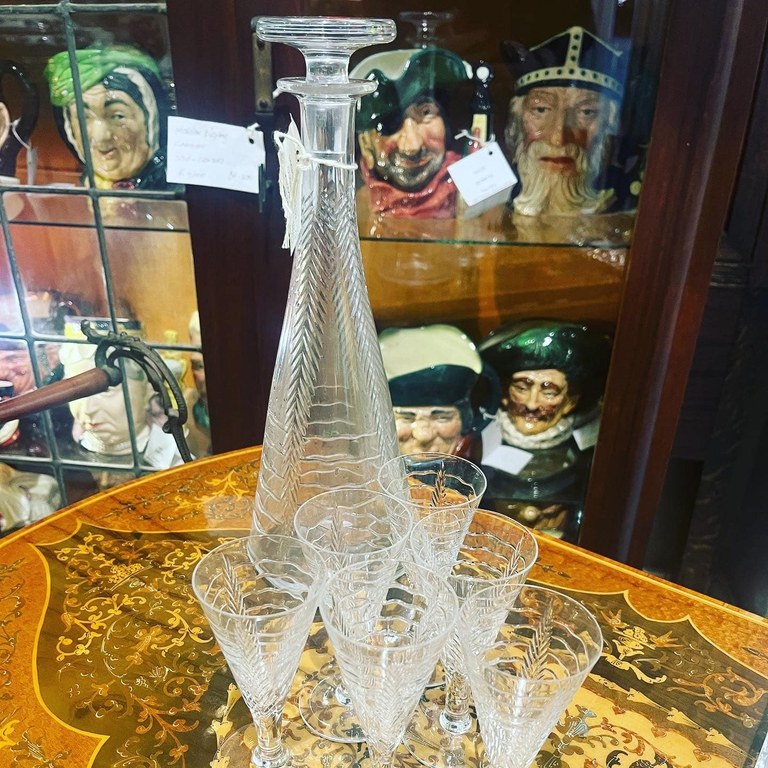 Webb Corbett wave line decanter with 6 glasses by Irene Stevens, c1950’s: R2,500