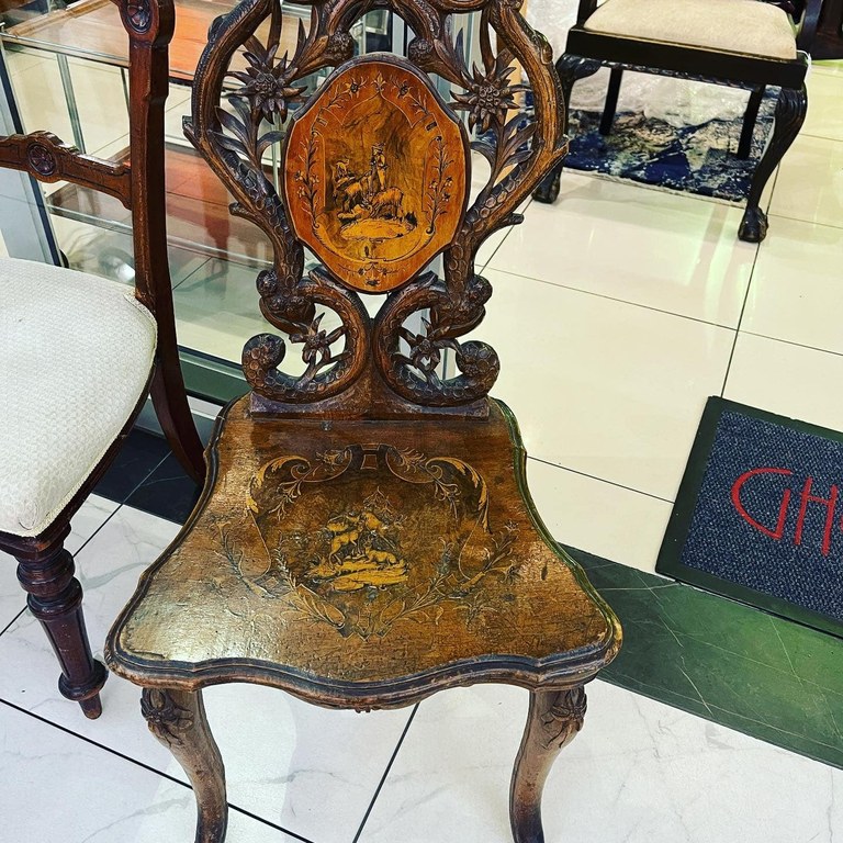 Victorian Era Swiss Black Forest carved and inlaid music chair: R9,000