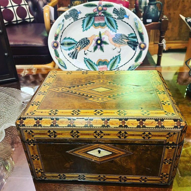 Antique Victorian tunbridge ware jewelry box, late 19th century: R3,000