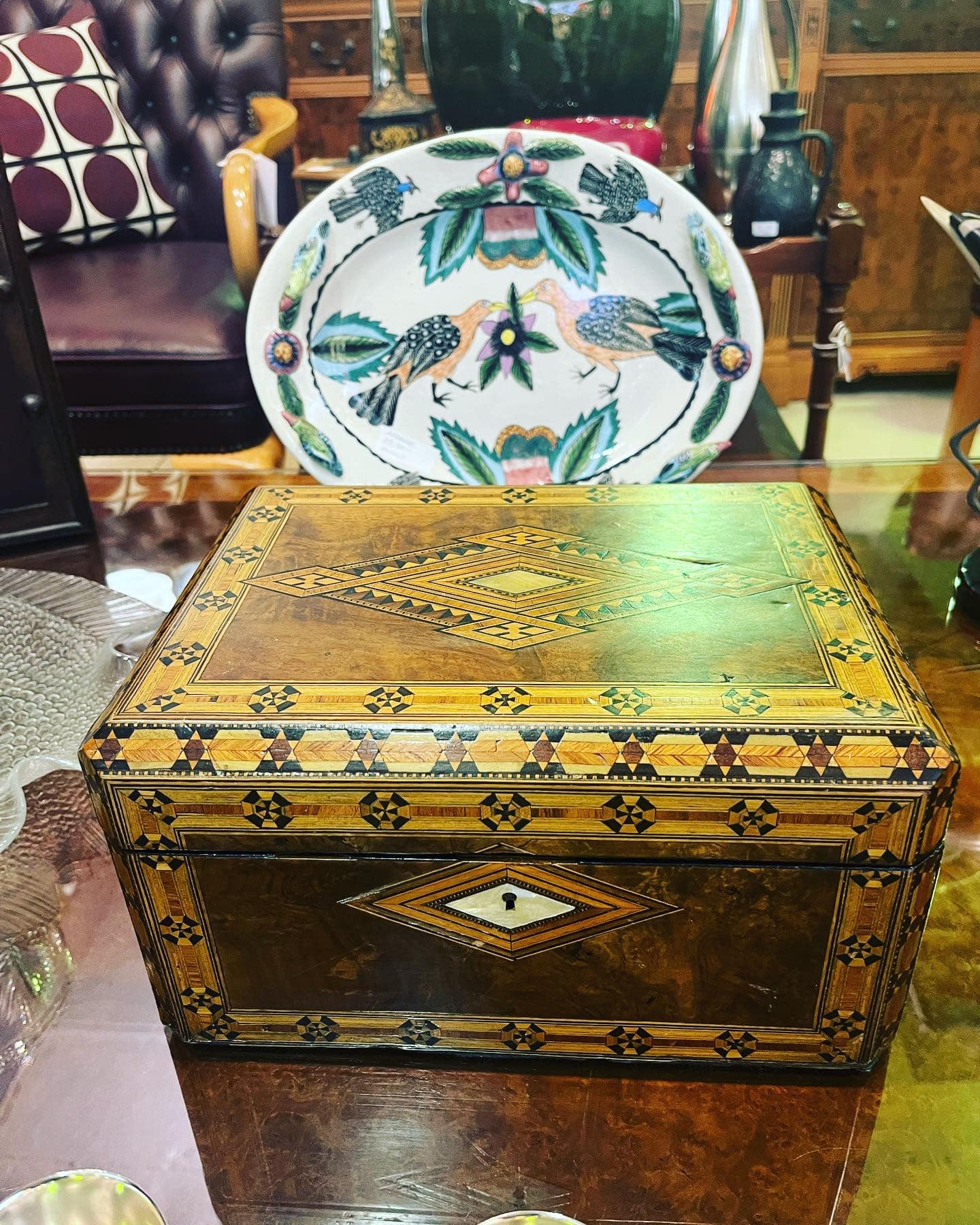 Antique Victorian tunbridge ware jewelry box, late 19th century: R3,000