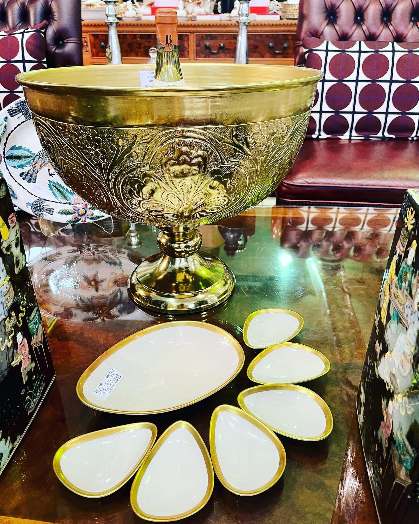 SOLD! Gilded champagne cooler R6,000 and Alka Kunst porcelain and gild entree set: R1,000