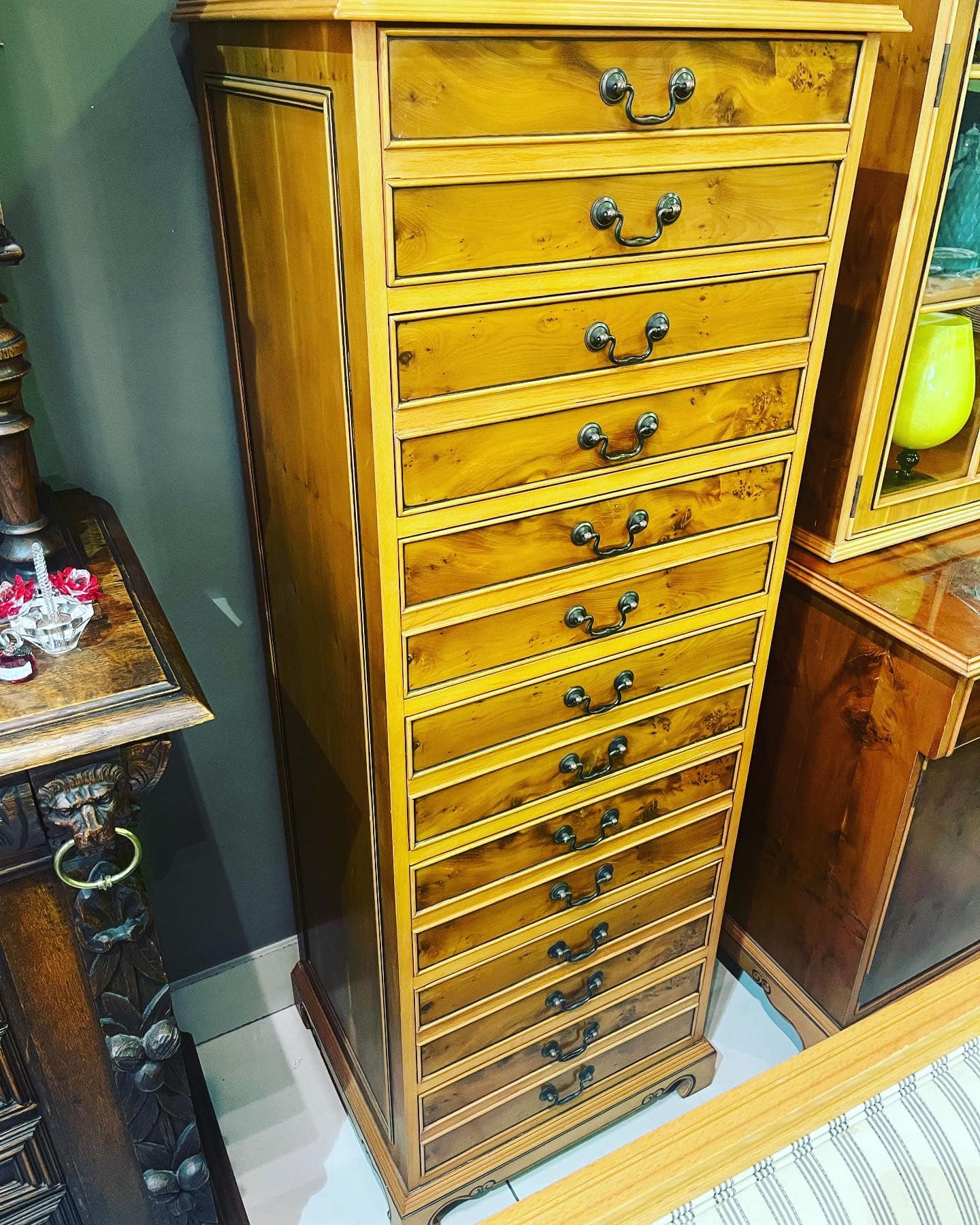 Vintage Gordon Fraser 14 drawer yew wood tall boy: R25,000