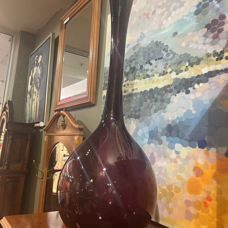 Large Mid-Century Skruf amethyst vase (signed): R6,000 / Art piece: Allison Pilling - Significant sunset with rainbows (oil on canvas): R8,000