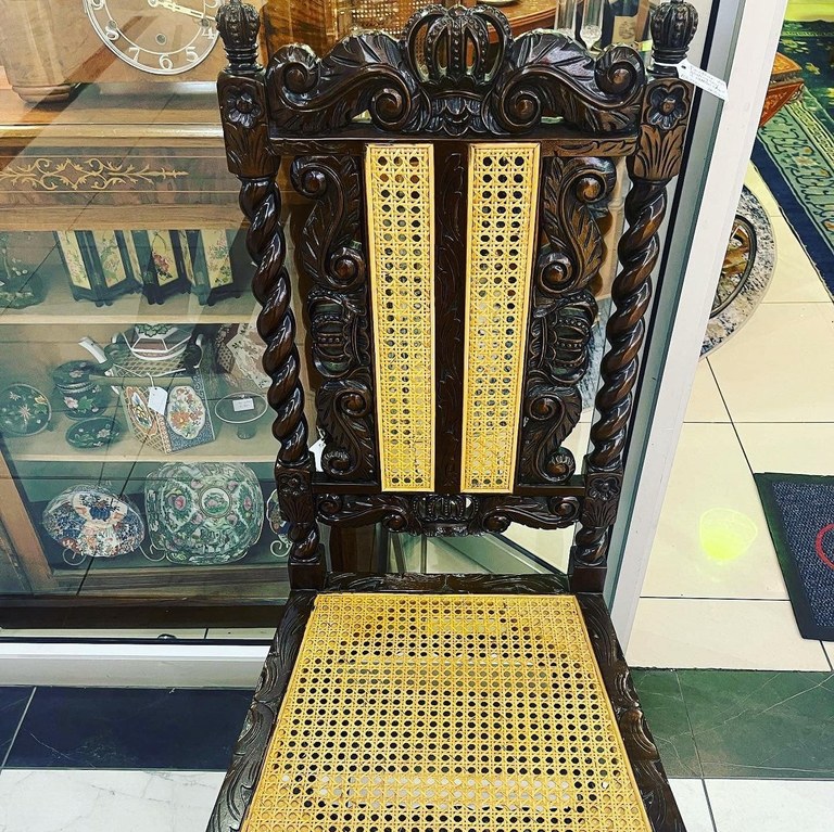 Jacobean style mahogany and rattan hall chair