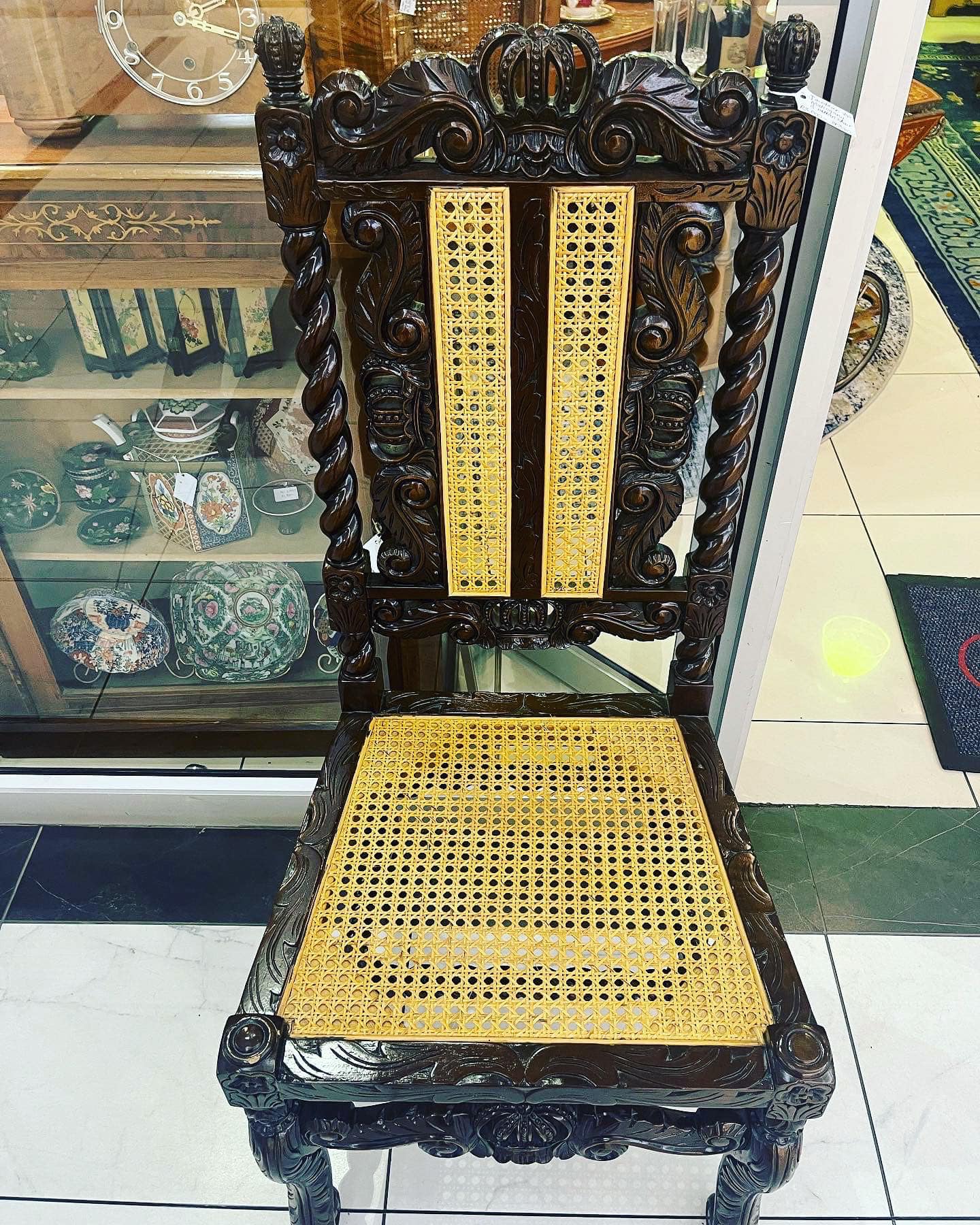 Jacobean style mahogany and rattan hall chair