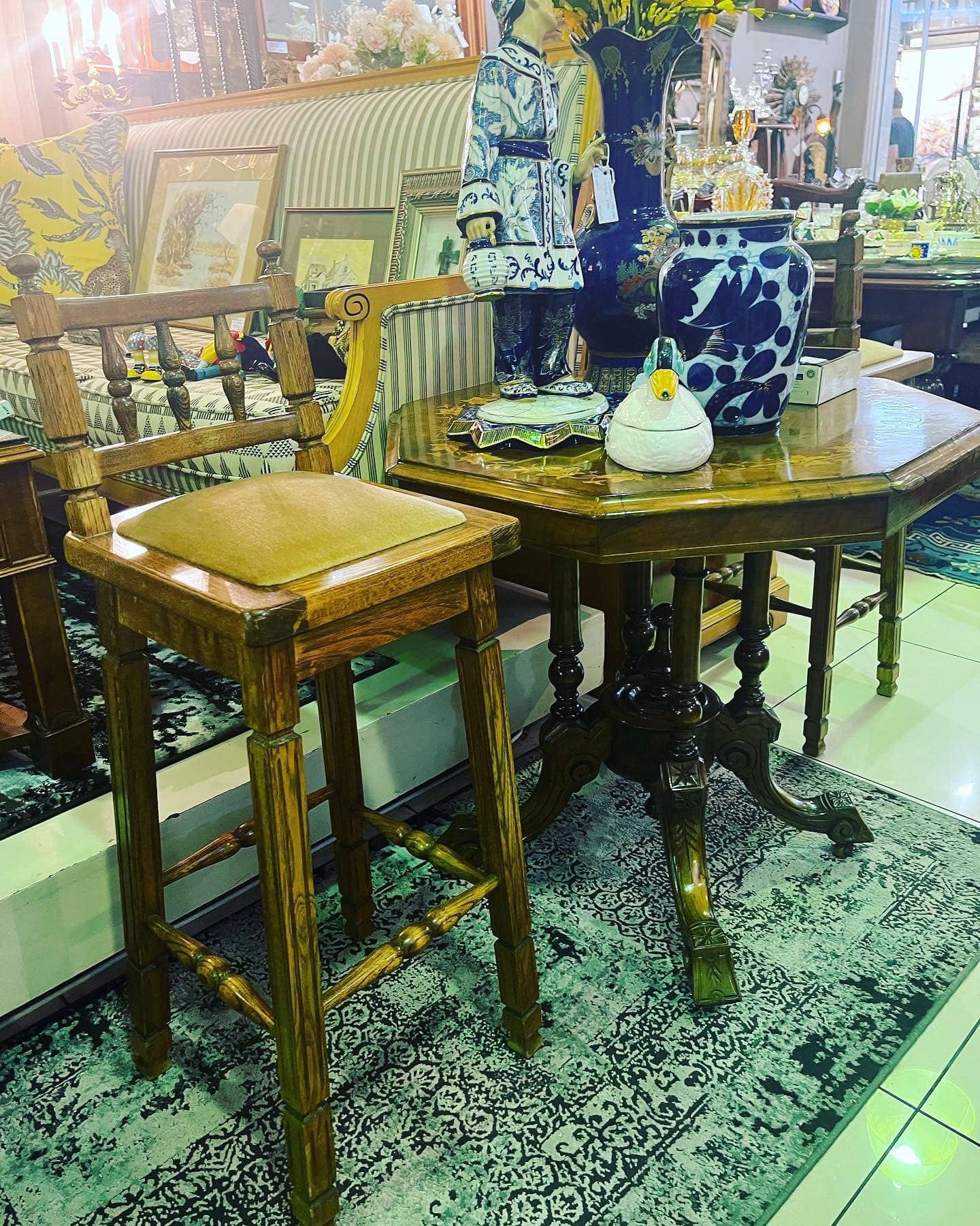 late Victorian octagonal burr walnut center table and retro oak bar stool