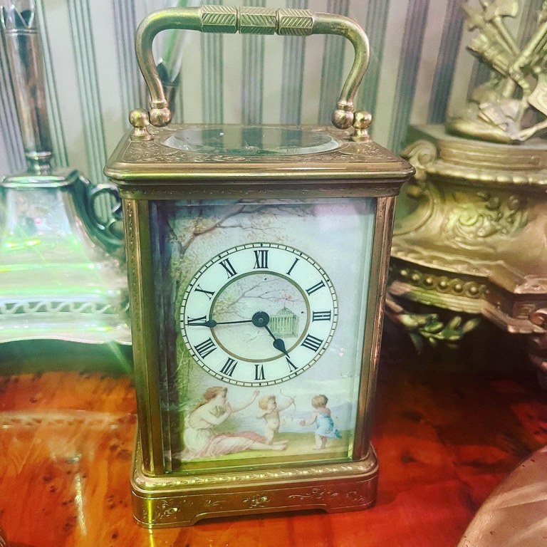 Hards brass and hand-painted porcelain French carriage clock, late 1800’s, recently serviced and in full working order