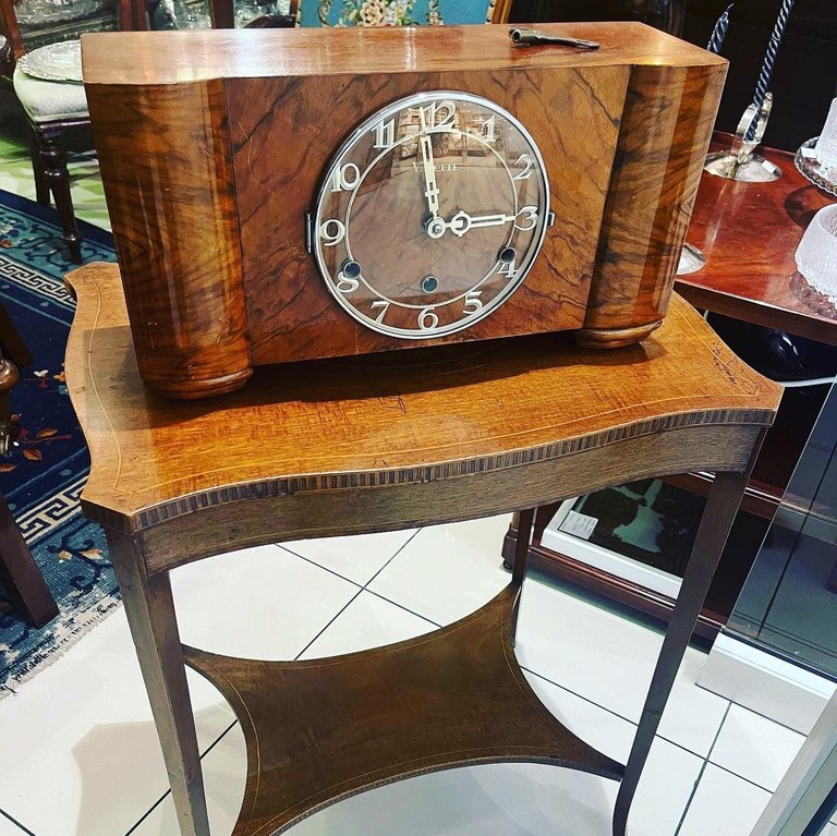 Art Deco Vedette Westminster wooden chiming clock, in full working order on a early Edwardian satinwood two-tier side table