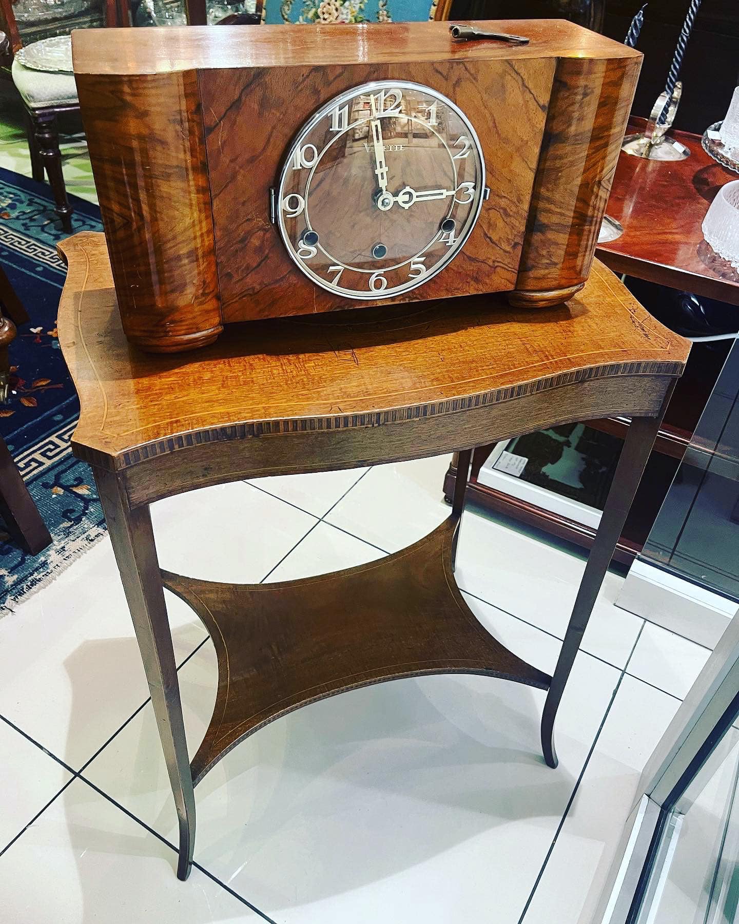 Art Deco Vedette Westminster wooden chiming clock, in full working order on a early Edwardian satinwood two-tier side table