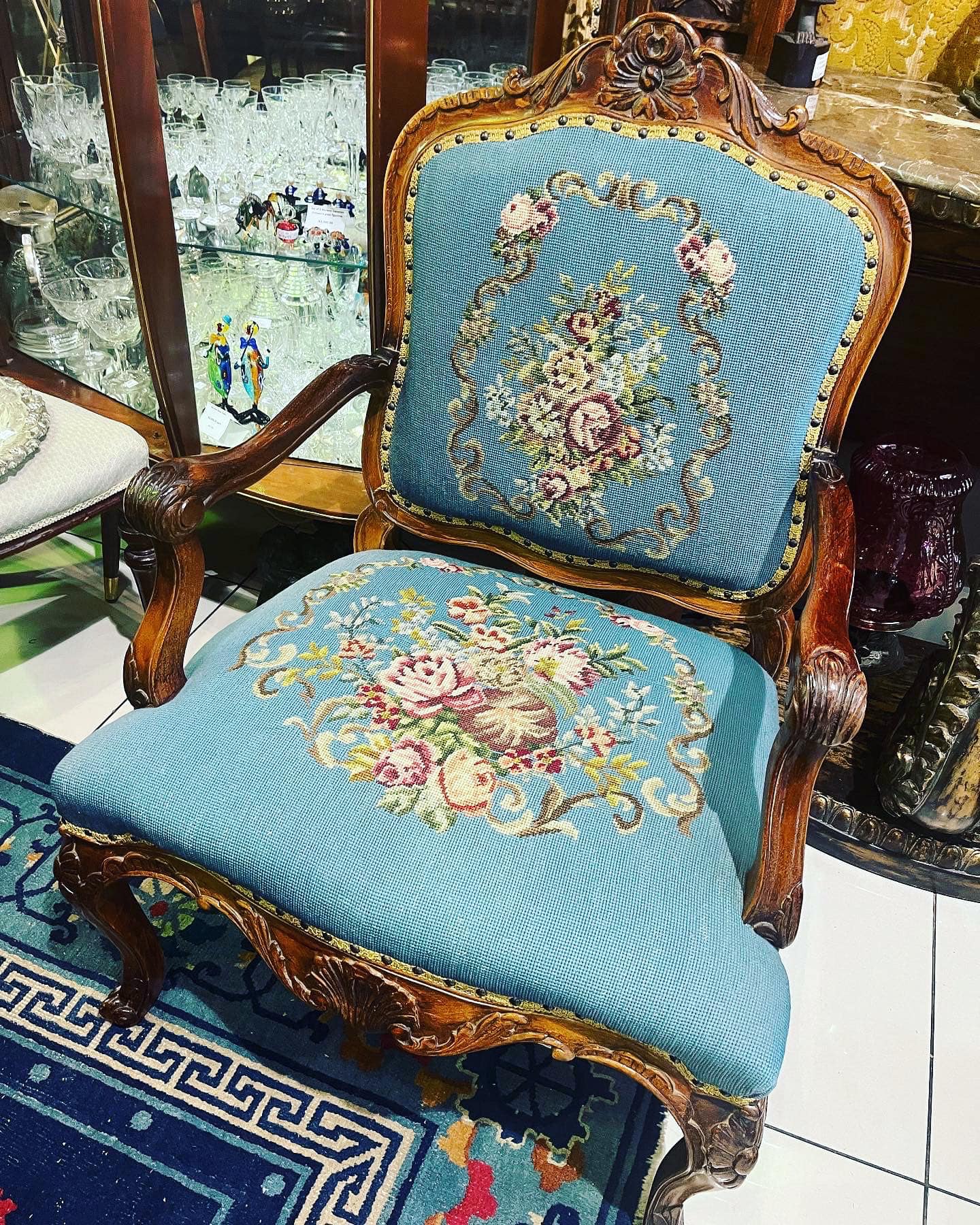 Late Victorian armchair with beautiful needlepoint cushions