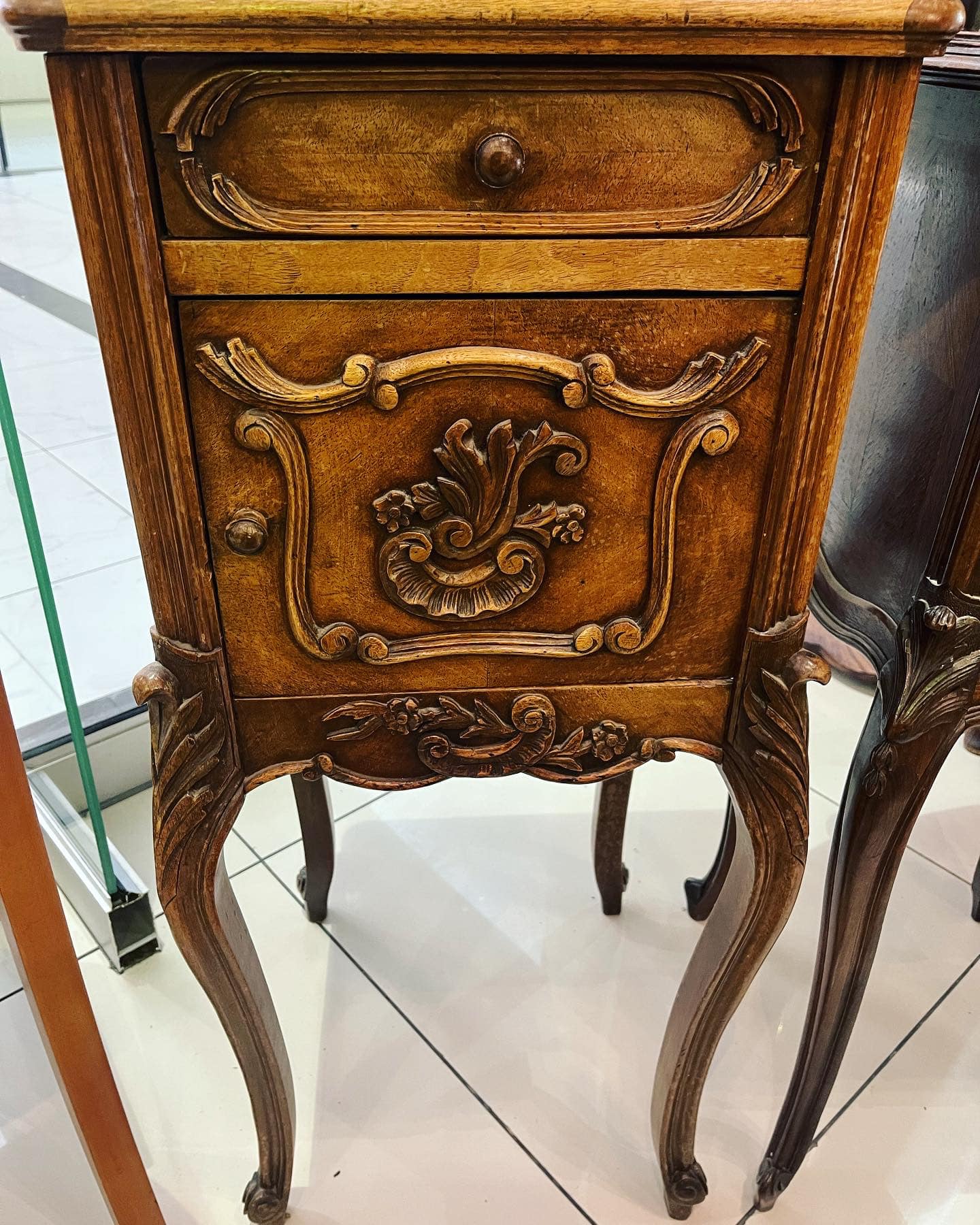 Antique French Louis XV marble top night stand with marble inlay