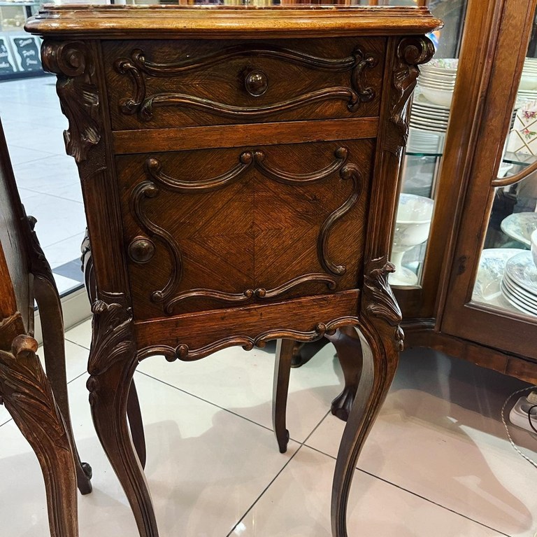 Antique French Louis XV marble top night stand with marble inlay