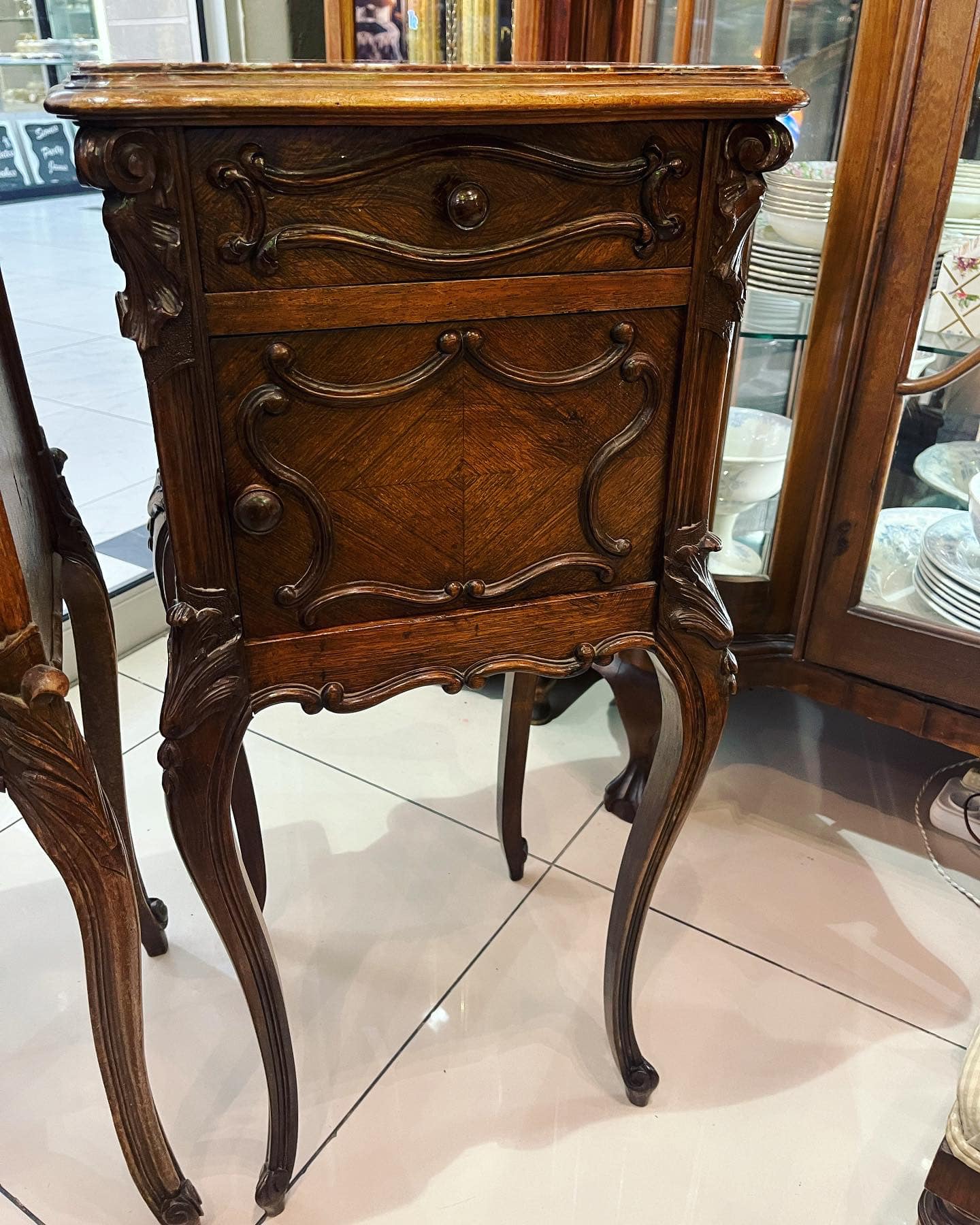 Antique French Louis XV marble top night stand with marble inlay