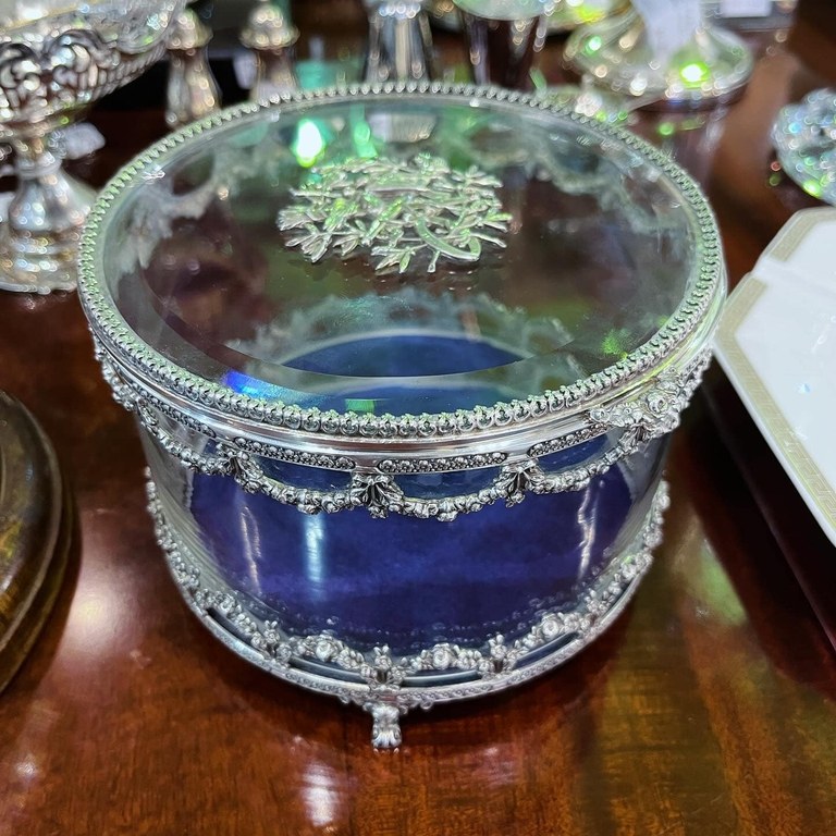 Antique British silver & crystal jewelry box