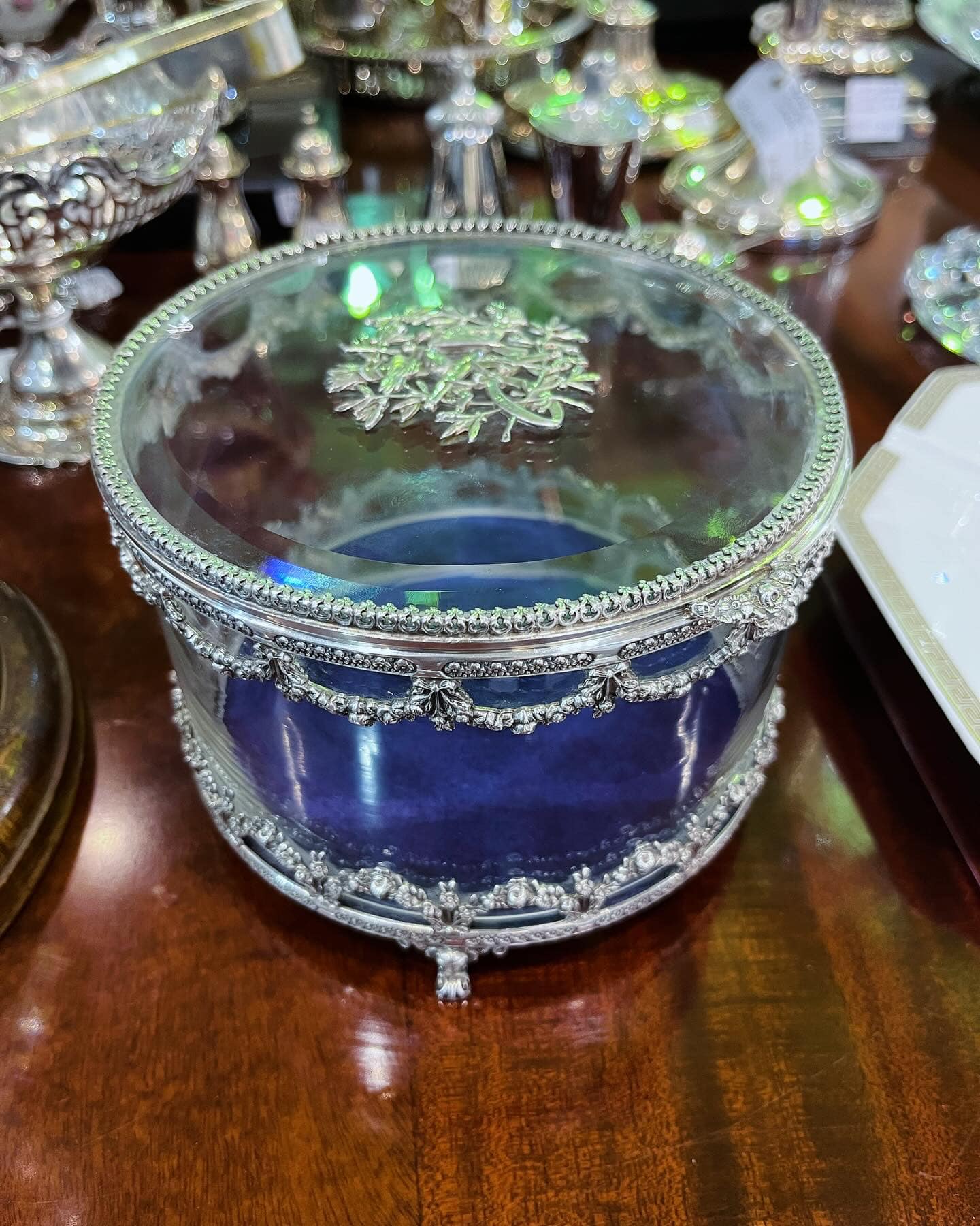 Antique British silver & crystal jewelry box