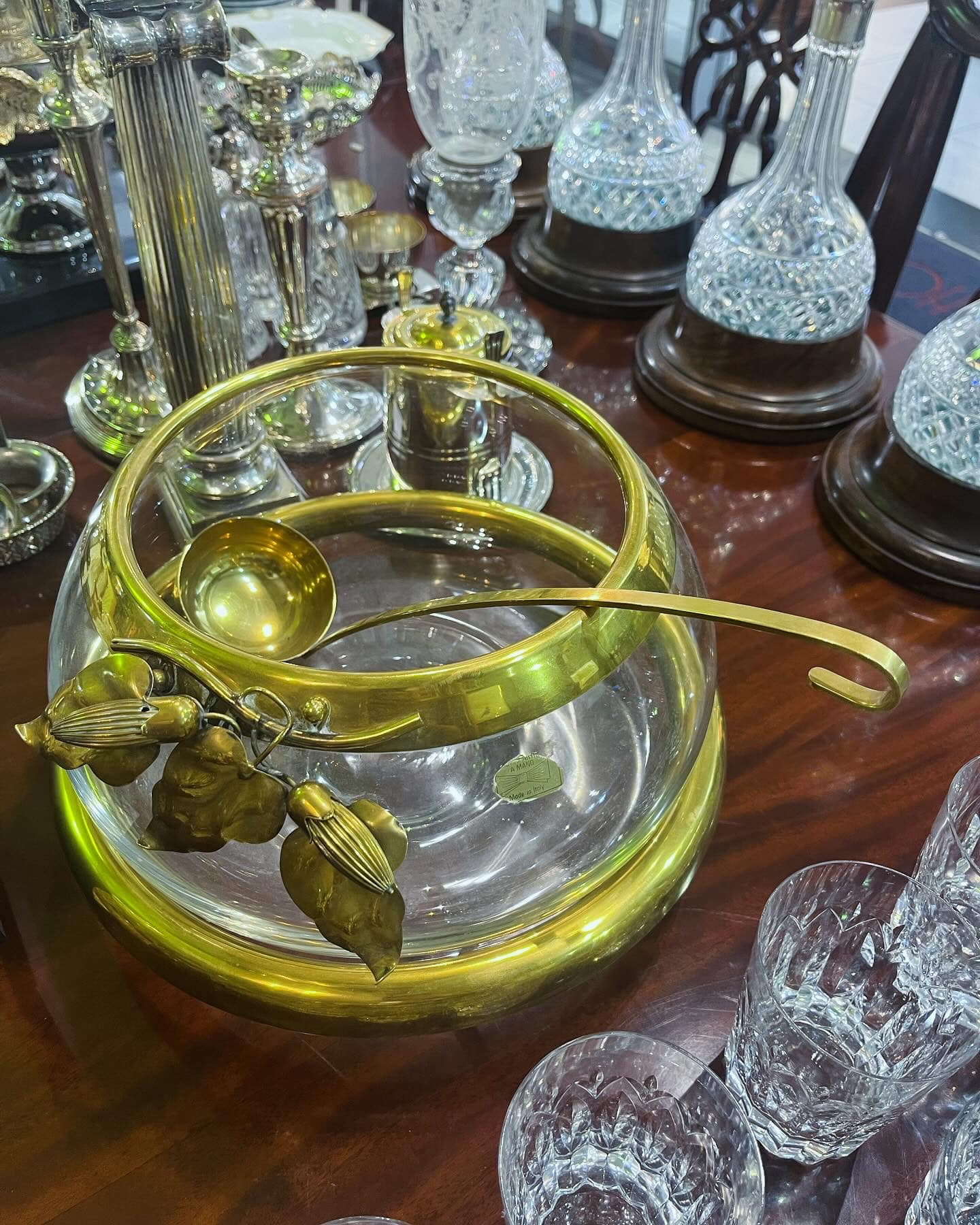 Vintage Italian brass & crystal bowl with ladle