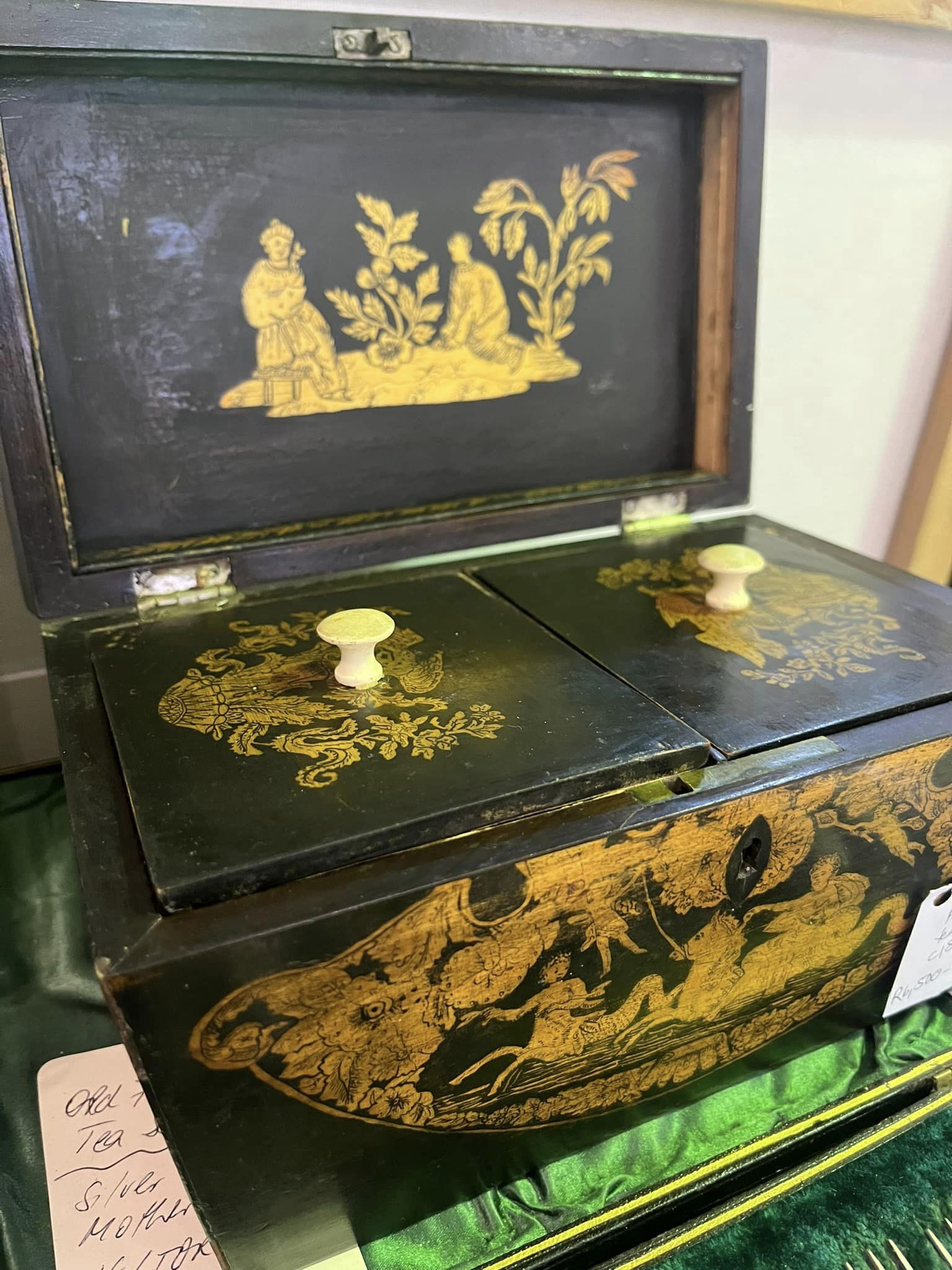 REGENCY PENWORK TEA CADDY, CIRCA 1810, DECORATED IN THE NEO CLASSICAL STYLE