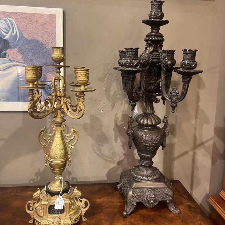 Pair of late 19th Century French gild 5-arm candlabras with marble base / Pair of antique bronze 5-arm candelabras