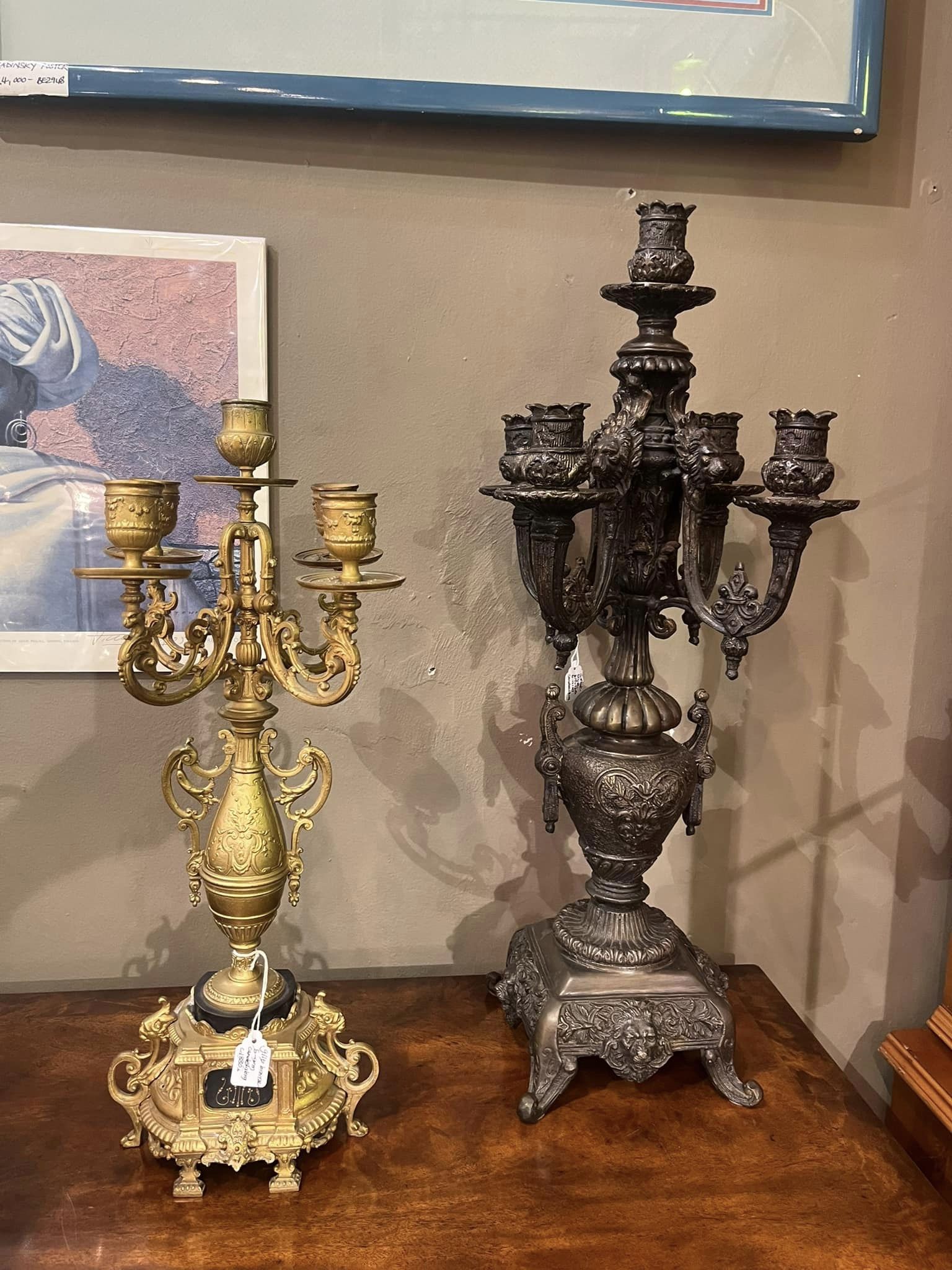 Pair of late 19th Century French gild 5-arm candlabras with marble base / Pair of antique bronze 5-arm candelabras