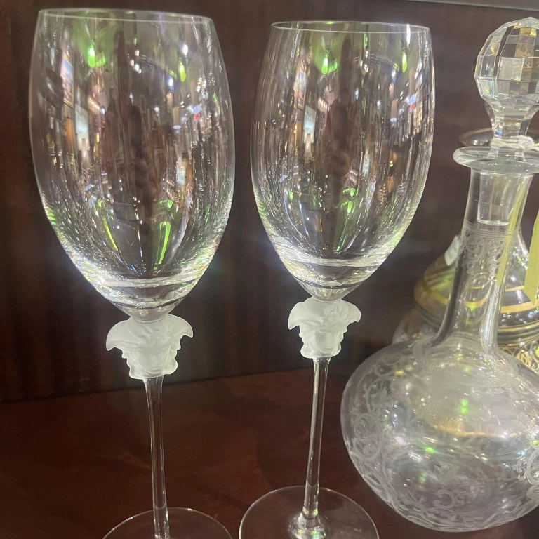 Pair of long stem Versace Rosenthal Medusa Lumiere crystal wine glasses
