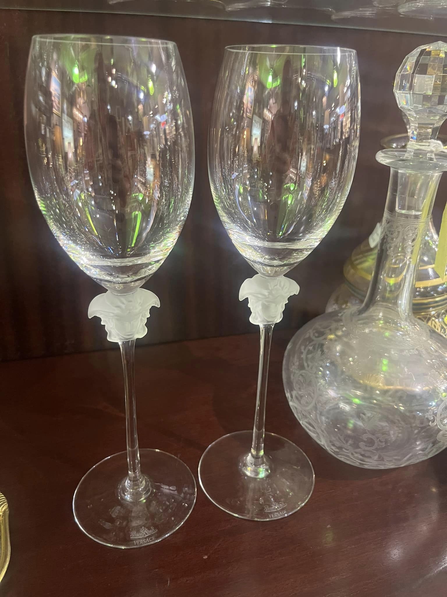 Pair of long stem Versace Rosenthal Medusa Lumiere crystal wine glasses