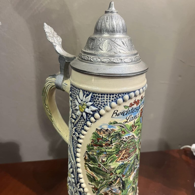 King beer stein with cone shaped pewter lid, West Germany
