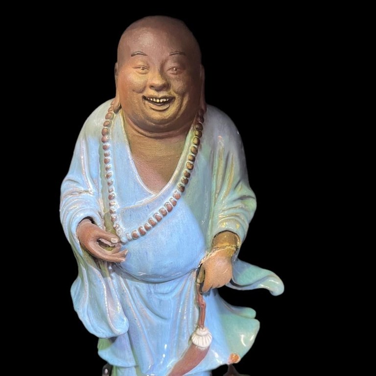 Antique ceramic laughing Buddha figurine with BADA stamp, early 20th Century