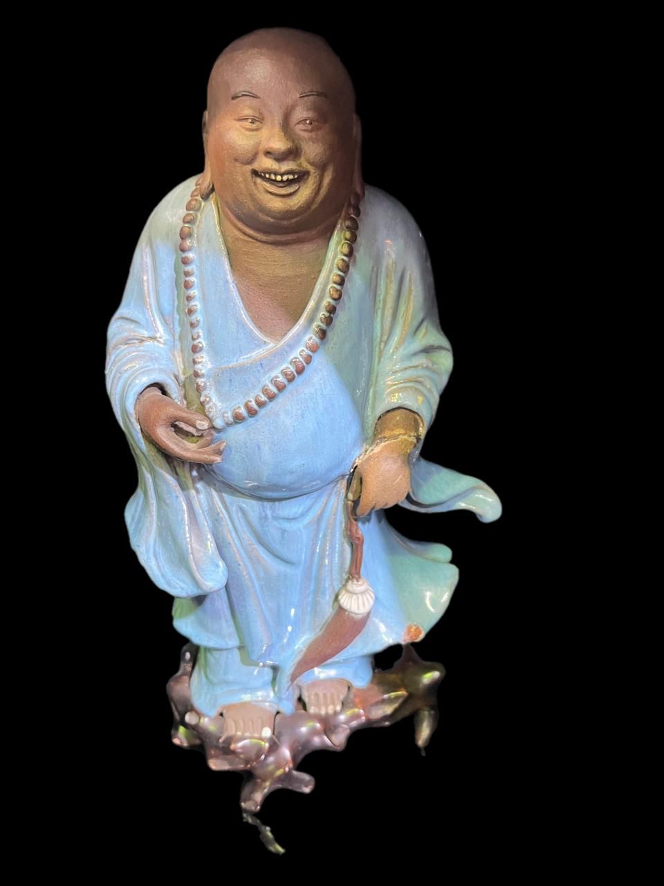 Antique ceramic laughing Buddha figurine with BADA stamp, early 20th Century