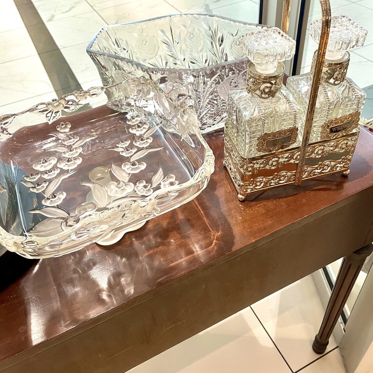 VINTAGE CUT AND SANDBLASTED GLASS COMPOTE: R2,500  GLASS DECANTER SET WITH SILVER PLATED LABELS & TANTALUS: R4,500  CZECH BOHEMIAN CRYSTAL BOWL: R6,000