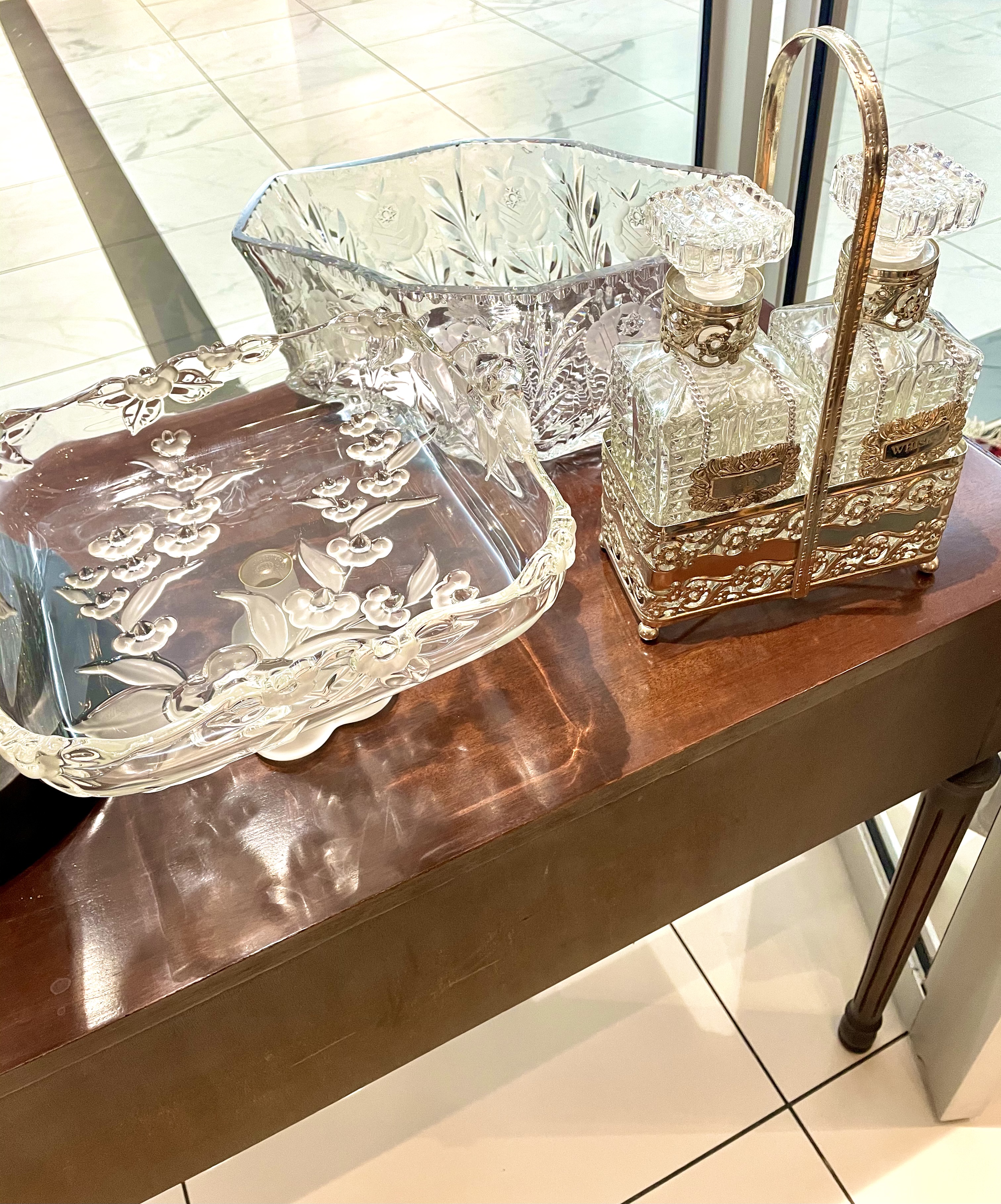 VINTAGE CUT AND SANDBLASTED GLASS COMPOTE: R2,500  GLASS DECANTER SET WITH SILVER PLATED LABELS & TANTALUS: R4,500  CZECH BOHEMIAN CRYSTAL BOWL: R6,000