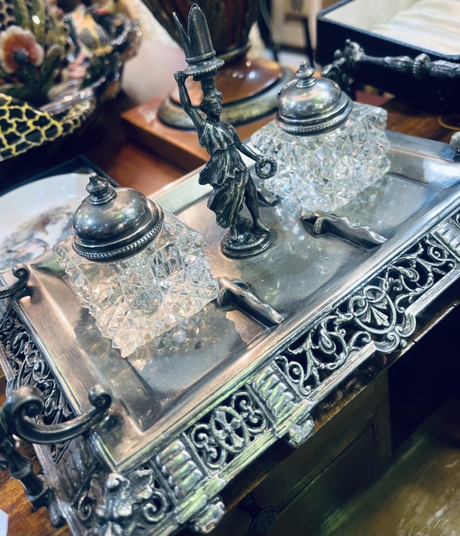 Late Victorian Silver-Plated Double Inkstand — Sheffield Desk Artistry and Neo-Renaissance DesignPrice: R6,000