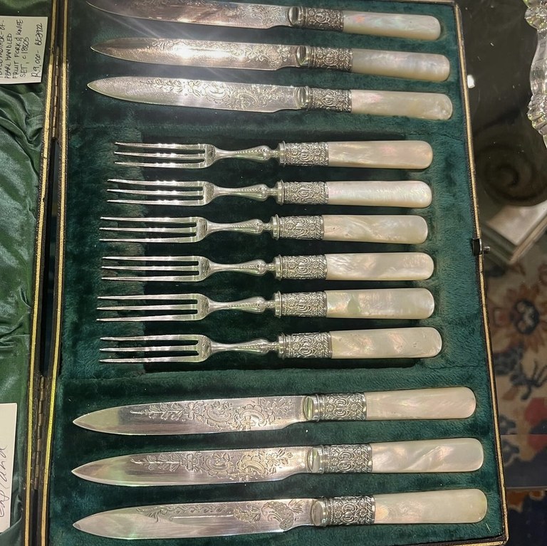 Victorian silver plated fruit knives & forks with mother-of-pearl handles, 12-piece, c1880