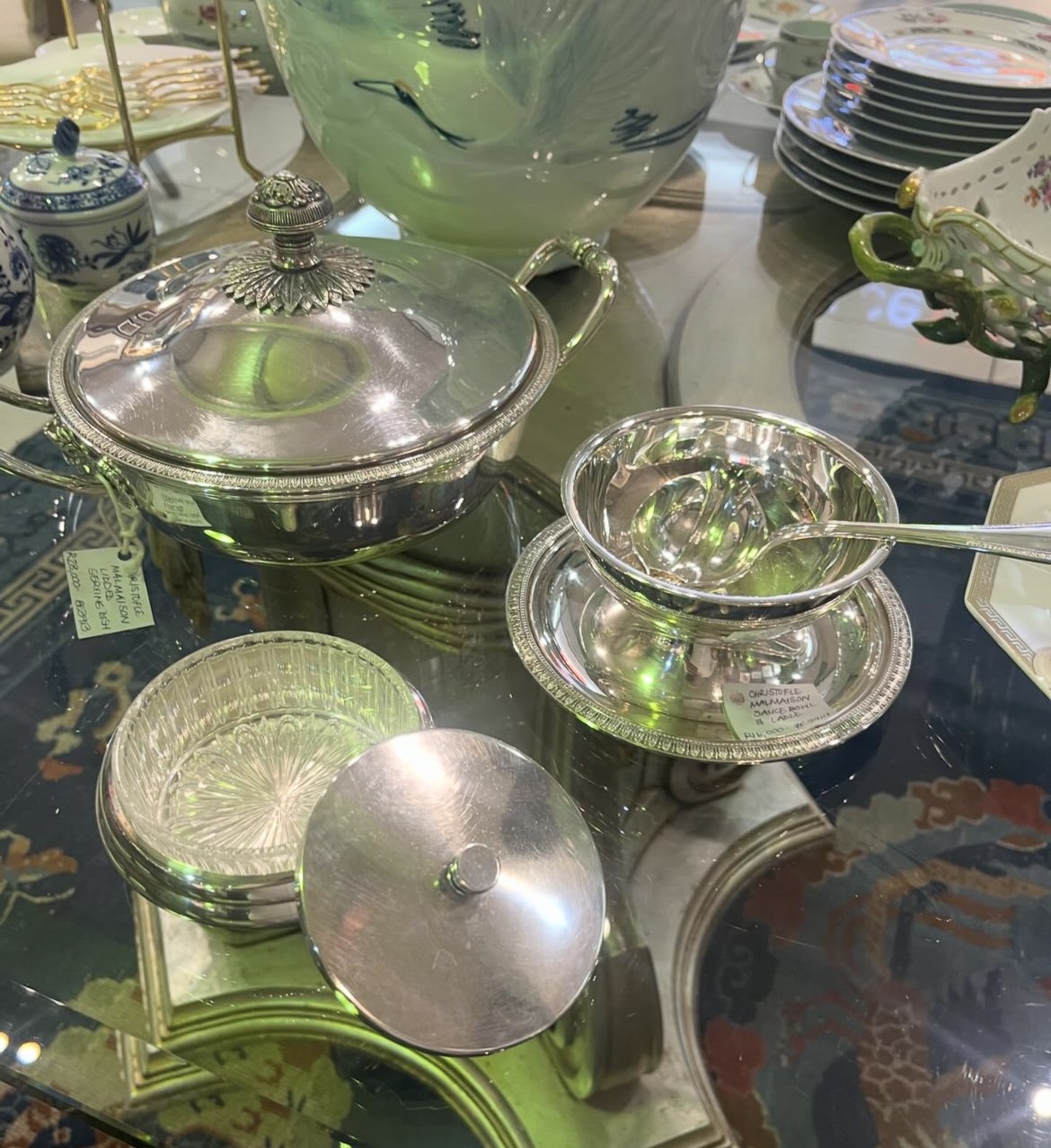 Christofle Malmaison lidded serving dish, sauciere with oil separator spoon (Empire style) and lidded caviar dish with glass inlay, c1980