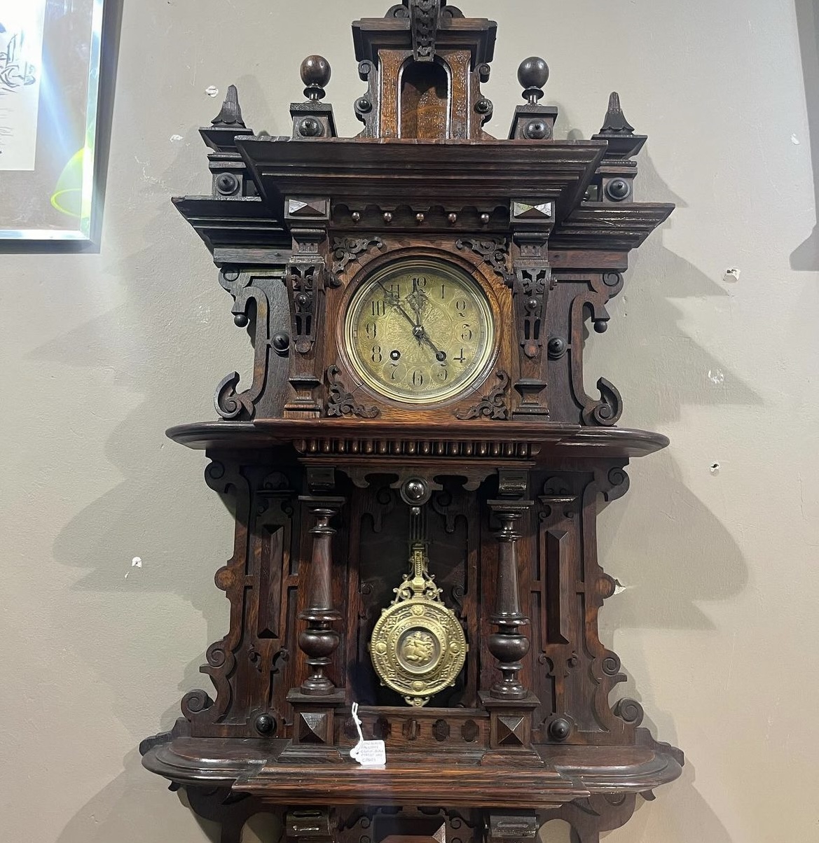 Lenzkirch balcony clock, Black Forest solid oak heavily hand carved, circa mid-1800s, fully serviced and restored