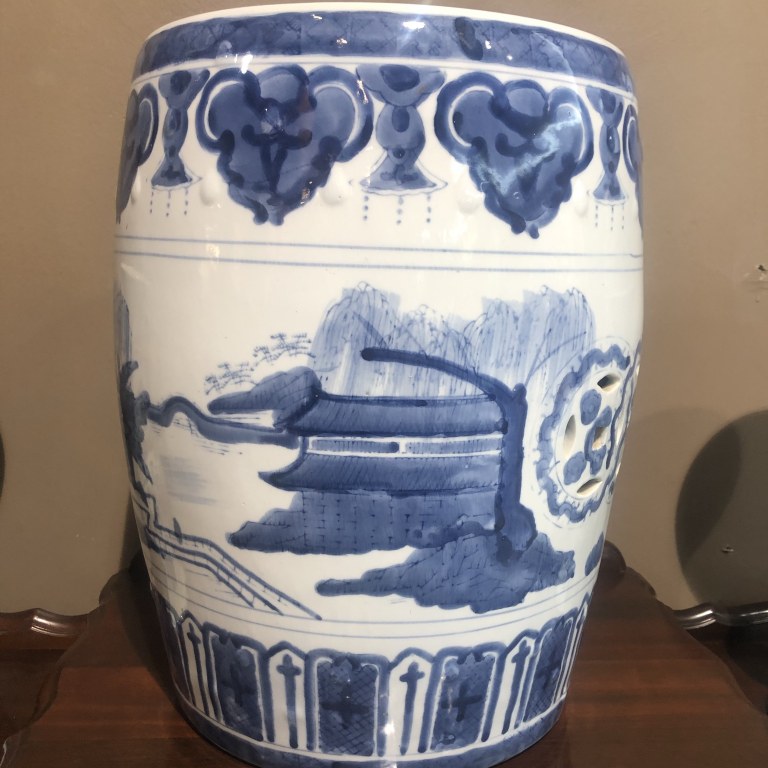 Blue and white hand painted Mid-century Chinese porcelain garden seat, Price: R10,000